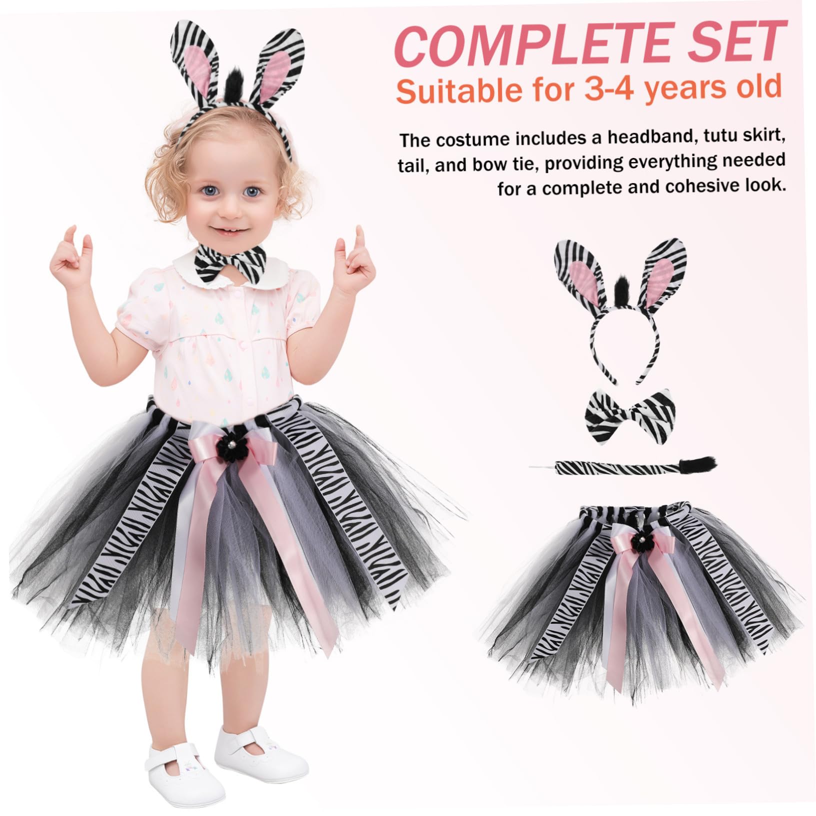 NOLITOY Disfraz de Cebra para Niños Diadema Orejas y Pajarita Falda Tutú de Poliéster Conjunto Resistente y Fácil de Combinar para Halloween y Cosplay