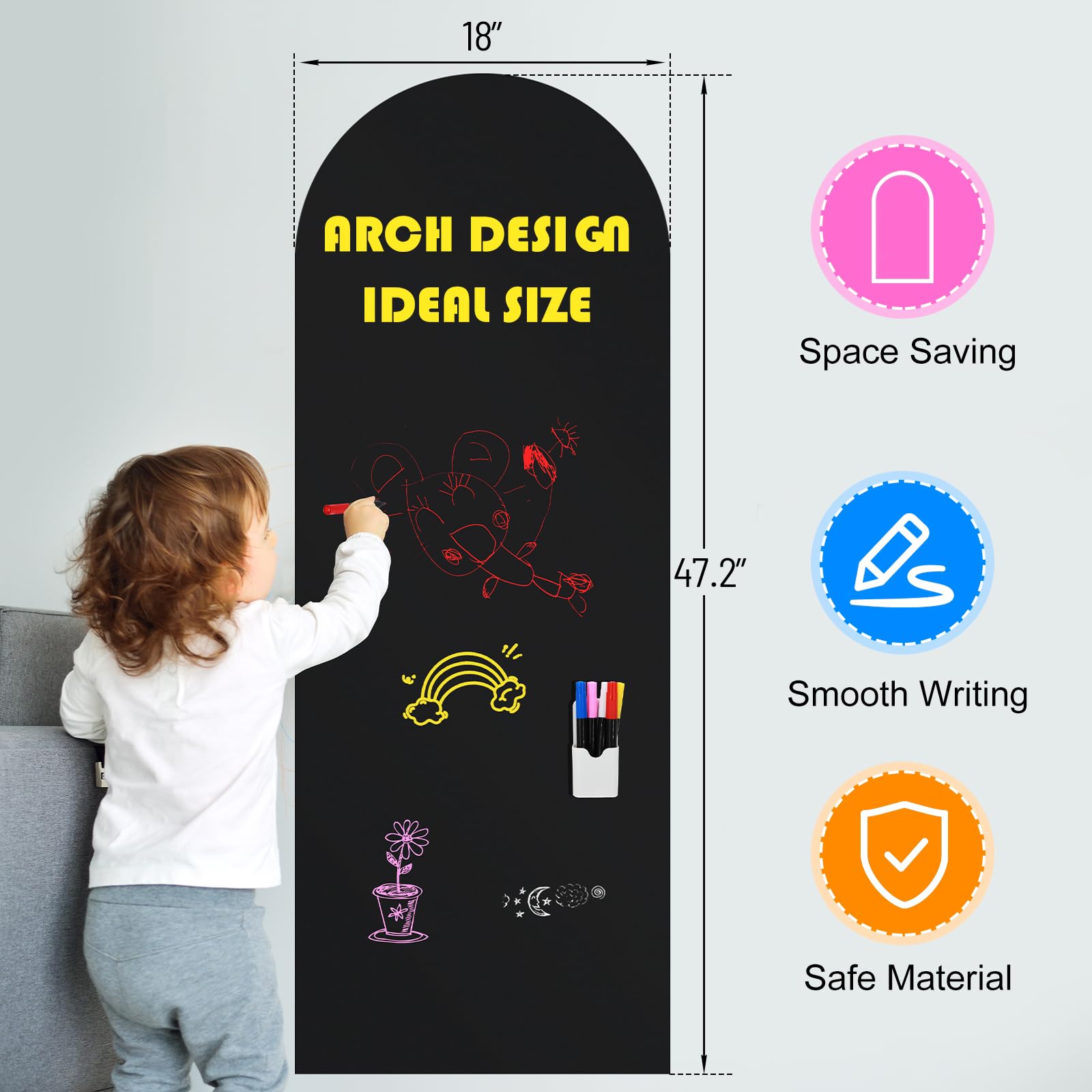 Tableau Noir Magnétique pour Mur,120x45 cm Arche Feuille Autocollante avec 5 Marqueurs de Craie Liquide, Parfait pour L'apprentissage, le Dessin et L'organisation de la Maison (Noir)