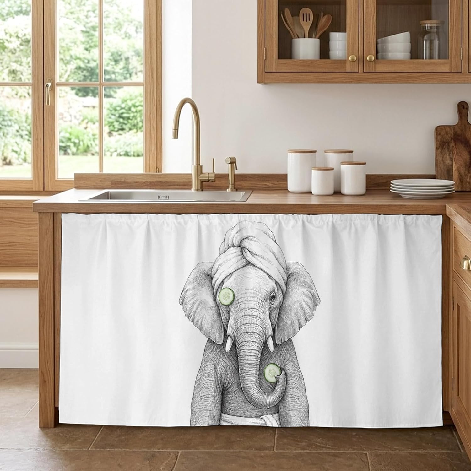 Cabinet Curtain Abstract Elephant Cucumber SPA Desk Curtain 32x55in, Washable Under Sink Skirt for Kitchen Bathroom Laundry, Funny Animal Shower Art Privacy Self-Adhesive Shelf Curtains