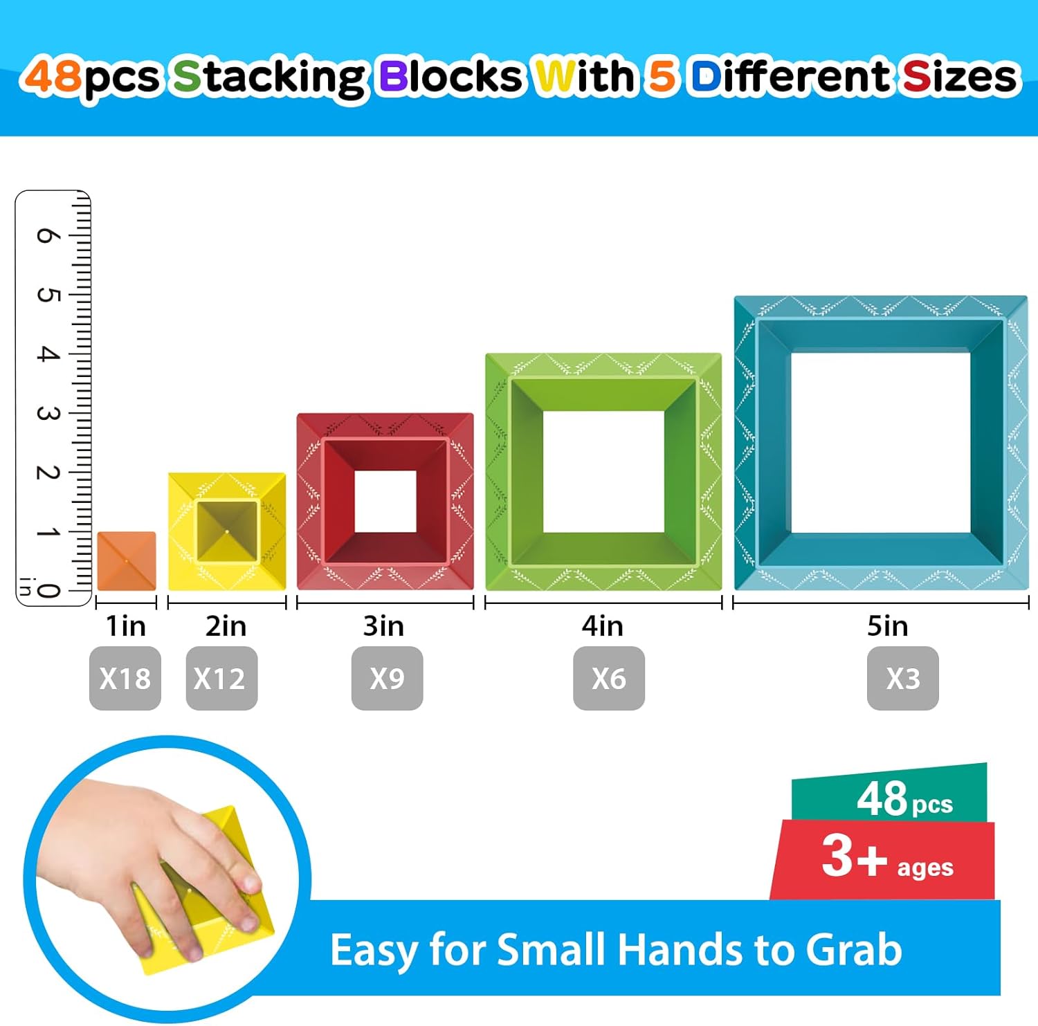 48 PCS Building Block Stacking Toys Kids 3 4 5 6 Year Old, Educational STEM Toys for Boys Girls, Developmental Learning Sensory Gifts for Birthdays