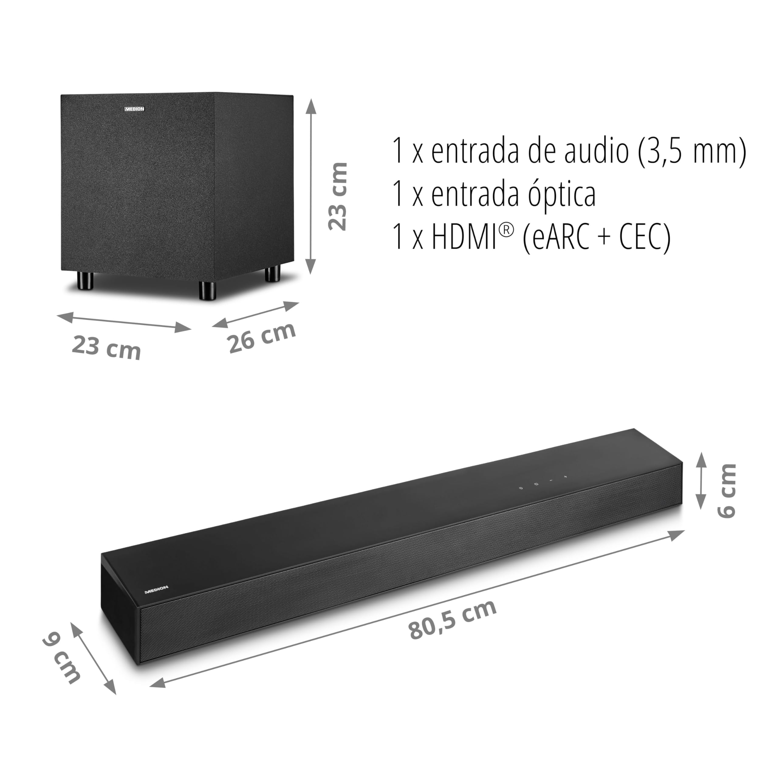 MEDION S61022 Barra de Sonido Dolby Atmos 3.1 con subwoofer inalámbrico (para televisores, Bluetooth 5.3, HDMI eARC CEC, Entrada óptica, AUX, subwoofer inalámbrico 3 x 20 W + 60 W (RMS)