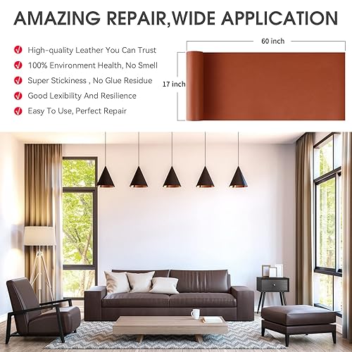 Miniatura 4 de luevita Parche de reparación de cuero, cinta de reparación de cuero autoadhesiva de 17 x 60 pulgadas, kit de reparación de cuero para muebles,