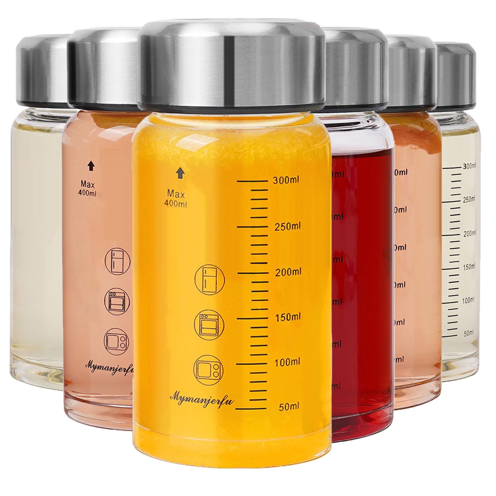 Lot de 6 bouteilles d'eau en verre de 355 ml avec couvercles – Pour jus, smoothies, lait, protéines, réutilisables, couvercles en acier inoxydable, anti-fuite, shaker (400 ml)