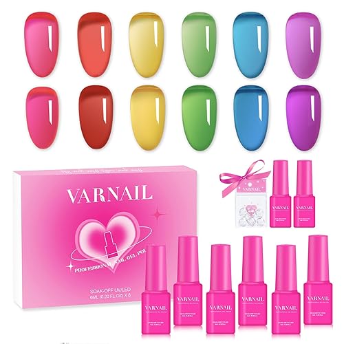 Rainbow Candy Jelly - Kit de esmalte de uñas de gel de 6 colores y capa base de regalo, kit de esmalte de gel transparente arcoíris translúcido,