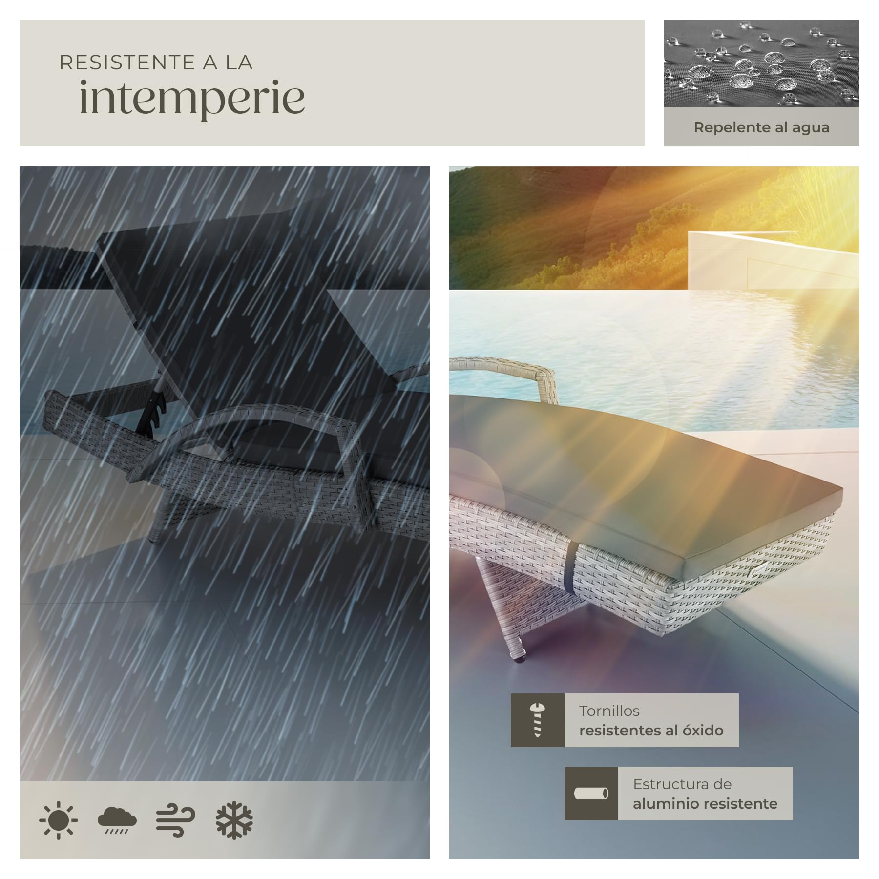 tectake® Tumbona Jardín Exterior de Ratán y Aluminio, Tumbona de Piscina con Respaldo Regulable en 5 Posiciones, Tumbona de Playa Impermeble y Resistente a Intemperie, Fácil Limpieza - Gris Claro