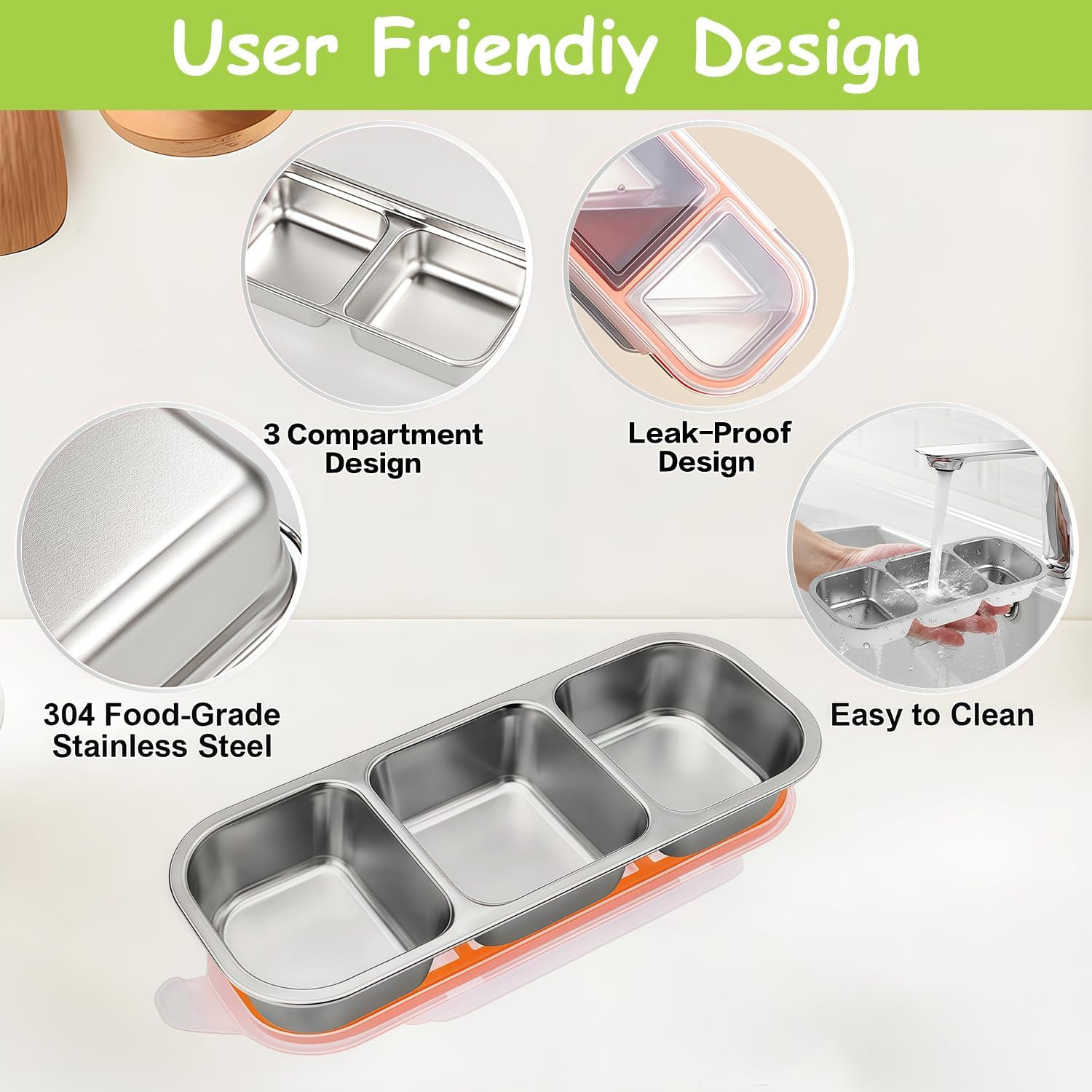 3 Pack Bento Box, Stainless Steel Snack Containers With Lids, Leak Proof Metal Lunch Box with 3 Compartments, Stackable Food Storage Container for Work, Travel, Dishwasher Safe - Image 3