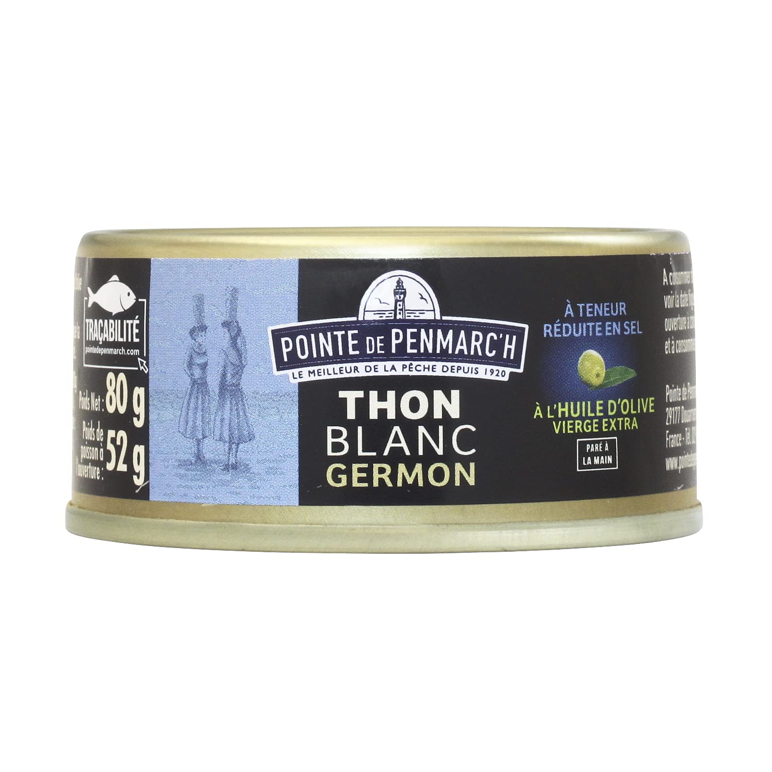 Thon blanc germon à l'huile d'olive à teneur réduite en sel Pointe de Penmarc'h le lot de 6 boîtes de 80 g - Livraison en 2 à 3 jours ouvrés depuis la Bretagne