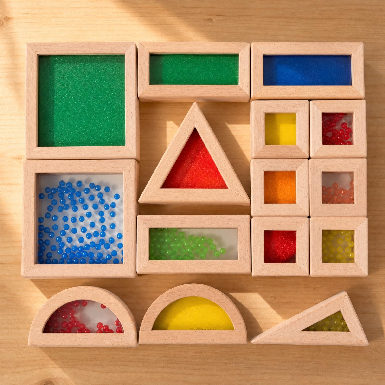 Gralara 15 Pezzi Blocchi da Costruzione Sensoriali in Acrilico con Cornice in Legno Sensoriale Gioco di Impilamento Legno Educativi Giocattolo Educativo