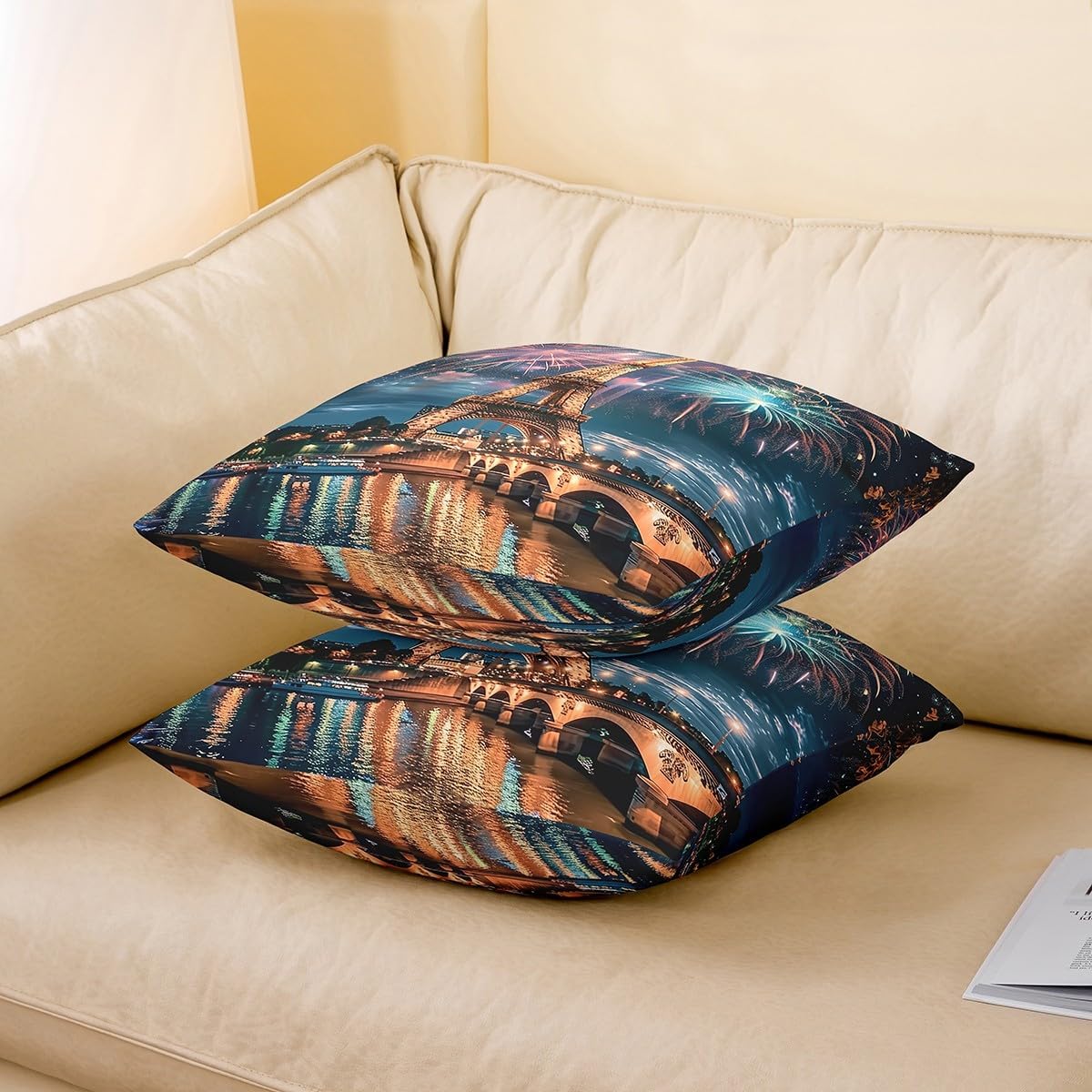 Eiffel Tower Pillow Covers for Kids Teens,Paris City Building Throw Cushion Covers 18"x18",New Year Fireworks Room Decor Cushion Cases,Fashion Modern Themed Pillow Cases Set of 2 image 3