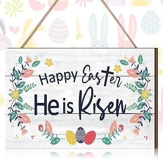 Yookeer Happy Easter Signs for Door Decoration 12 x 8 Inch Wooden Religious He Is Risen Colorful Egg Flower Easter Hanging Wreaths Signs for Wall Front Door Home Party Indoor Decoration(Egg Style)