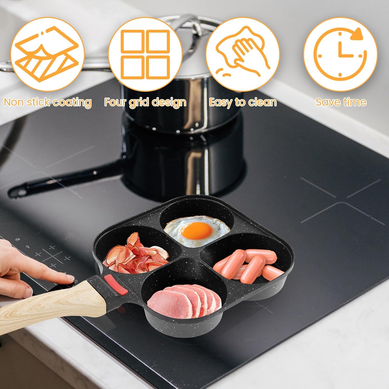 4 Cups Egg Frying Pan Nonstick Egg Pan Multifunctional Omelette Pan Healthy Omelette Skillet with Wood Handle