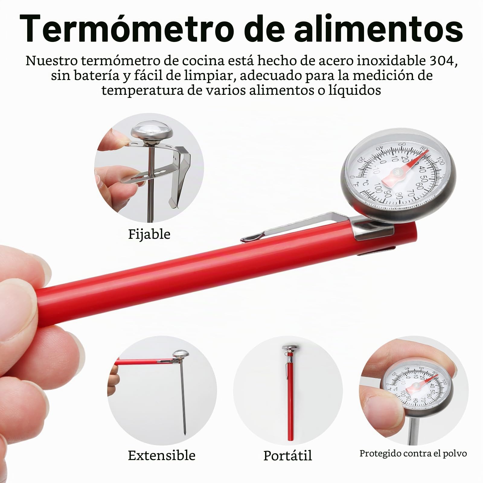Termómetro analógico para carne de 120 cm, de acero inoxidable con sonda larga y clip, para leche Barista, asar, cocina, líquidos