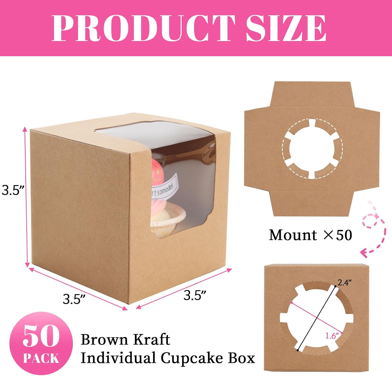 NPLUX 50 Pcs Cupcake Boxes Individual Cupcake Containers Pre-Assembled Single Cupcake Boxes 3.5"x3.5"x3.5" with 50 Pcs Inserts for Cupcakes Muffins Party Favors(Brown) thumbnail