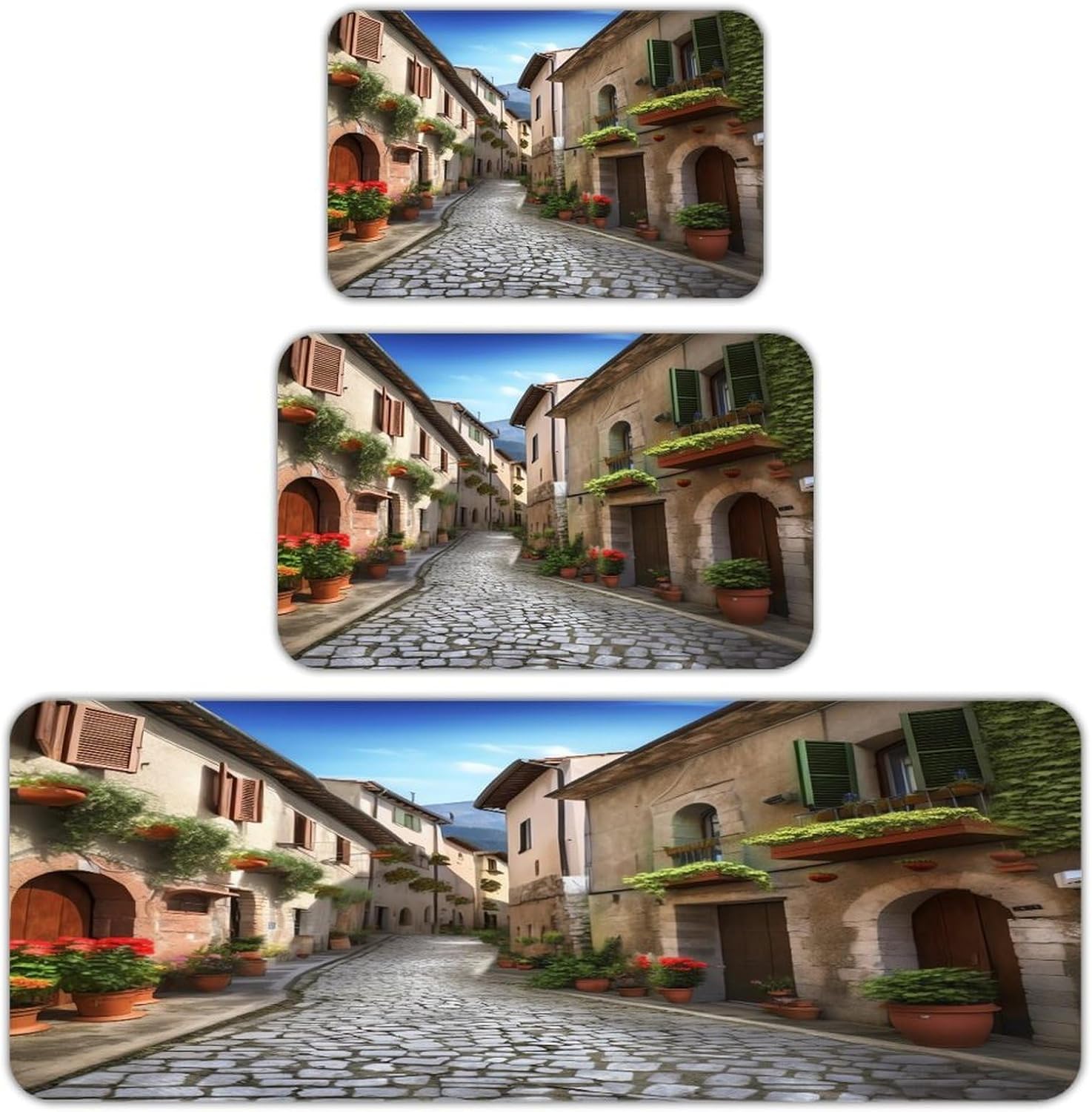 Italian Town Street Kitchen Mat Set of 3 Waterproof Floor Mats Non-Slip Kitchen Rugs Premium Flannel Rug Heavy Duty Standing Mat for Kitchen Home Bathroom Laundry