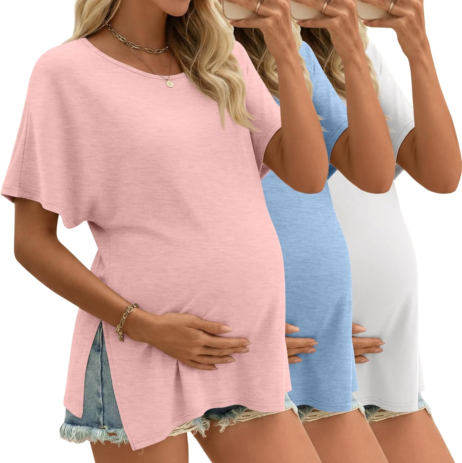 Riyiper 3 Pack Women’s Maternity Tunic Shirts Cotton Summer Pregnancy Clothes Loose Oversized Split Side Blouse Tops