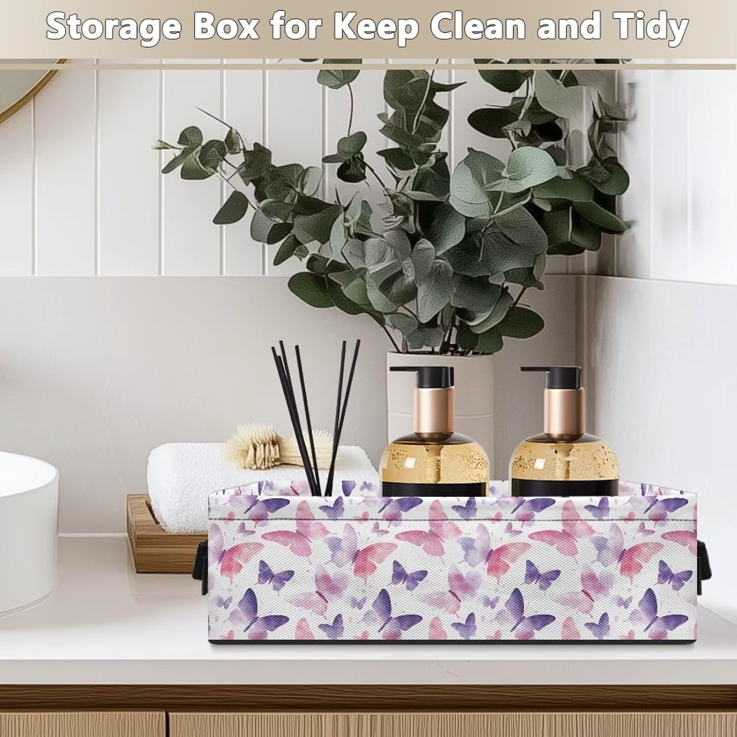 Toilet Paper Baskets for Organizing Modern Bathroom Storage Bin Rectangular Bathroom Essentials Basket Household Organizer Collapsible Bin Holder, Violet Pink Butterfly White image 3