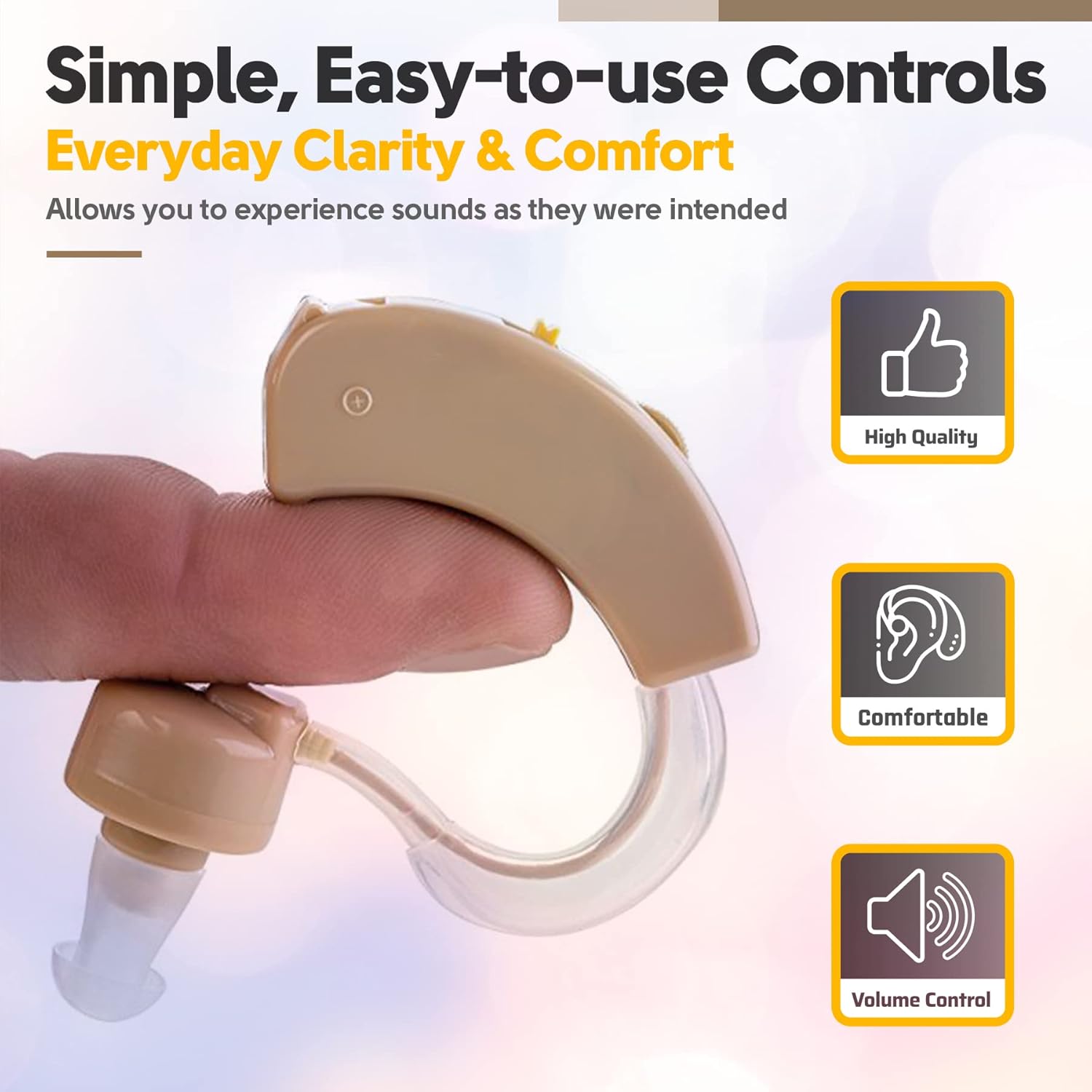 Close-up of the MEDca BTE Digital Enhancer showing the volume control and on/off switch, highlighting ease of use.