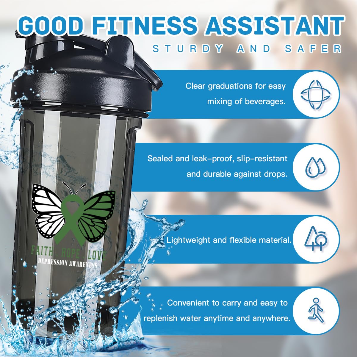 Butterfly Depression Awareness 18 Ounce Shaker Cup,Fashion Theme Pattern Shaker Bottle Leak-proof Workout Shake Bottles 500ML/18 oz Perfect for Pre Workout