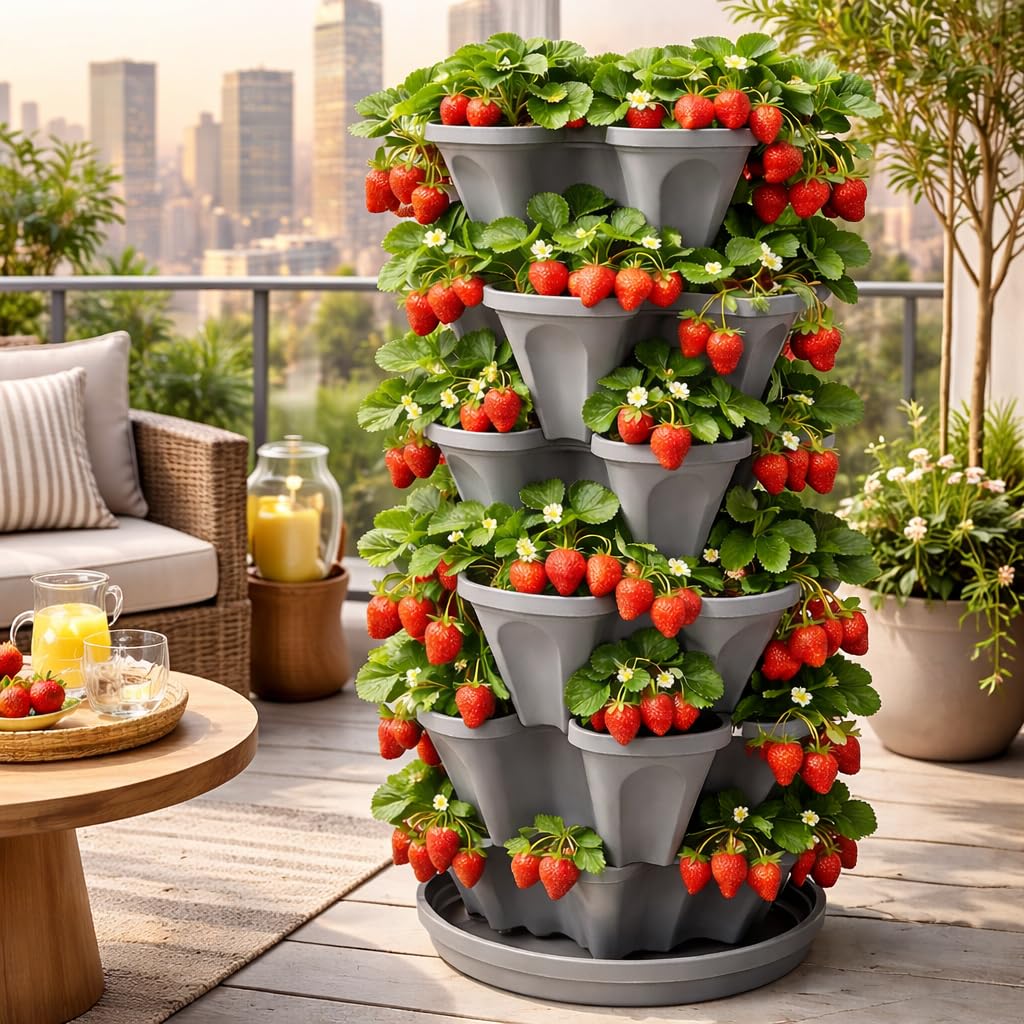 5-stöckiger stapelbarer Erdbeergarten,24 Quart Indoor/Outdoor Stapelbarer Übertopf mit Untersetzer, Erdbeeren und Blumen aus der Küche oder dem Hinterhof,Pflanzen und Stapeln! Einfache Gartenarbeit
