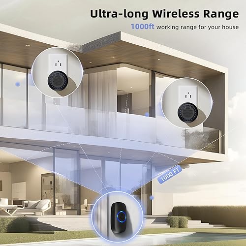 Miniatura 5 de Campanas de puerta inalámbricas para hogares, kits de timbre con 1 transmisor, 1 receptor, funcionamiento impermeable a un rango de 1000 pies, 48