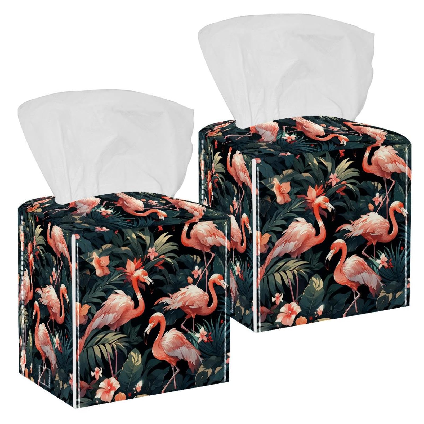Flamingo Tissue Box Cover, 2 Pack PU Leather Square Facial Tissue Dispenser Box holder for Home Office Car