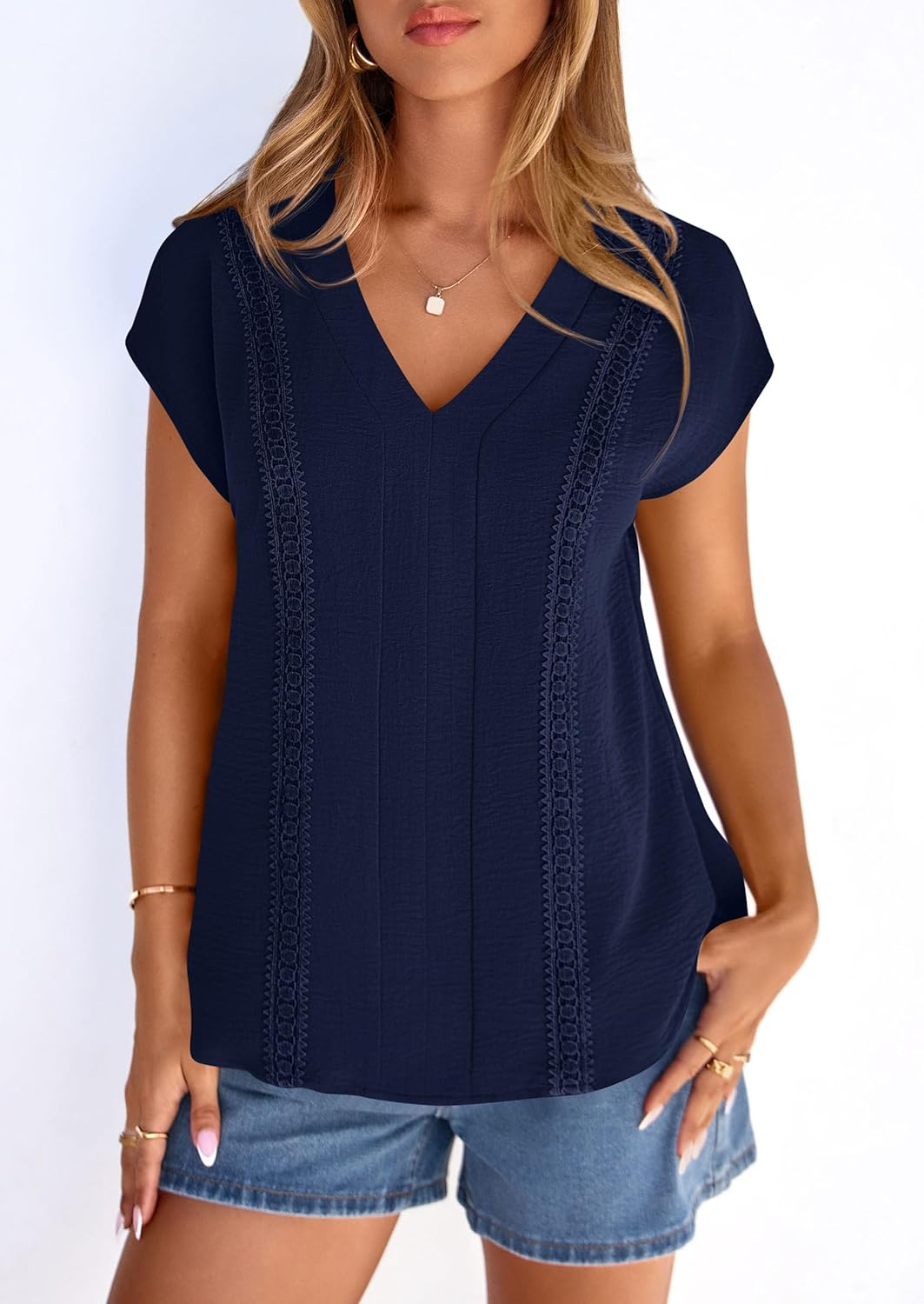 PRETTYGARDEN Blouses for Women Dressy Casual Spring 2026 Cap Sleeve V Neck Lace Trim Boho Tops Work Shirts Summer Clothes - Image 6