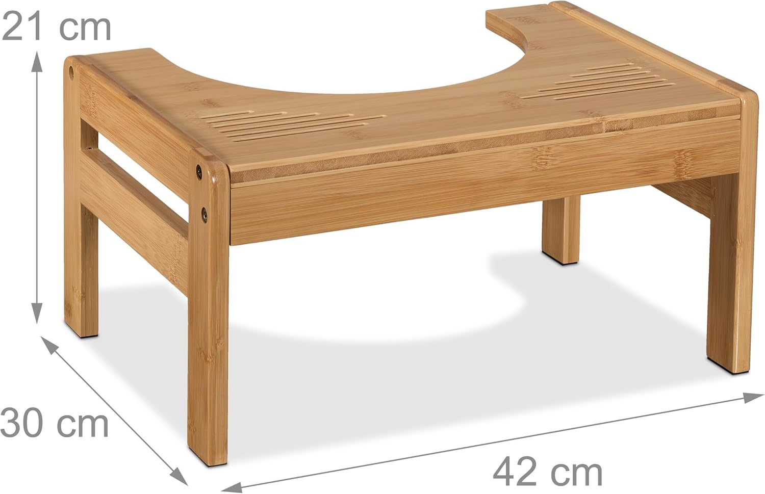 Diagram showing the dimensions of the Relaxdays Toilet Stool: 21 cm height, 42 cm width, 30 cm depth