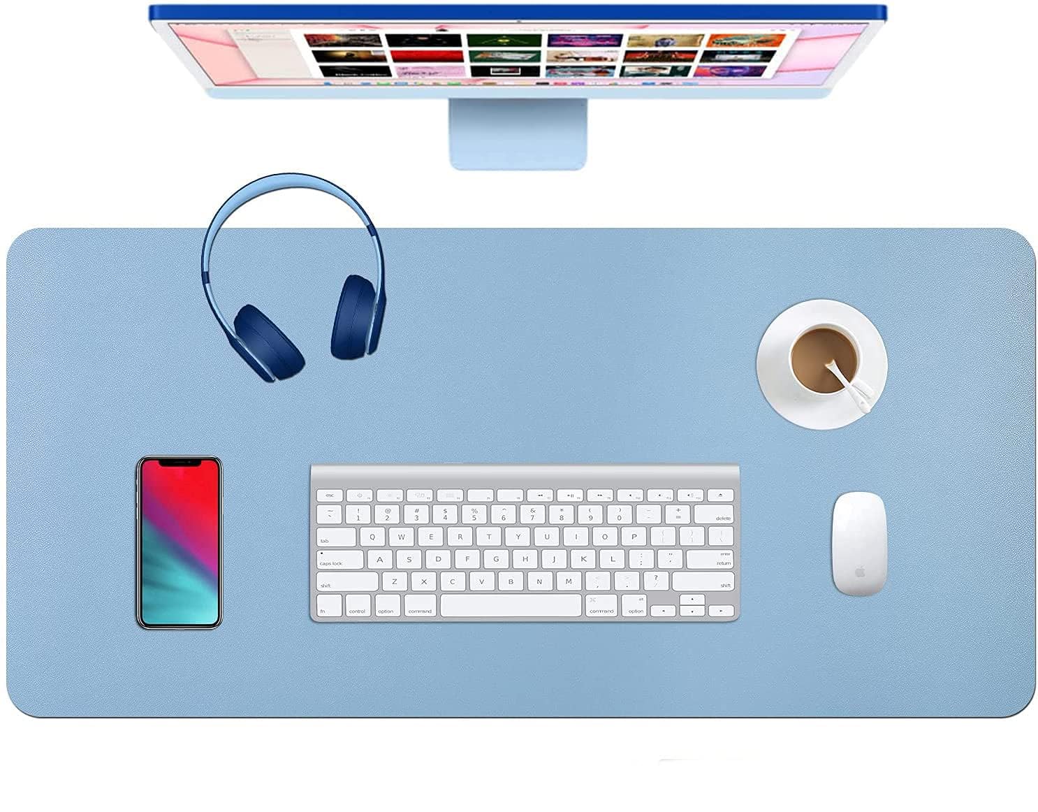 SYGA Desk Pad Protector Waterproof PU Desk Mat Blotters on Desktop Laptop Computer Gaming Keyboard Mouse Pad Non-Slip Desk Writing Mat Cover for Office & Home 90CM * 45CM Blue & Silver-image-3