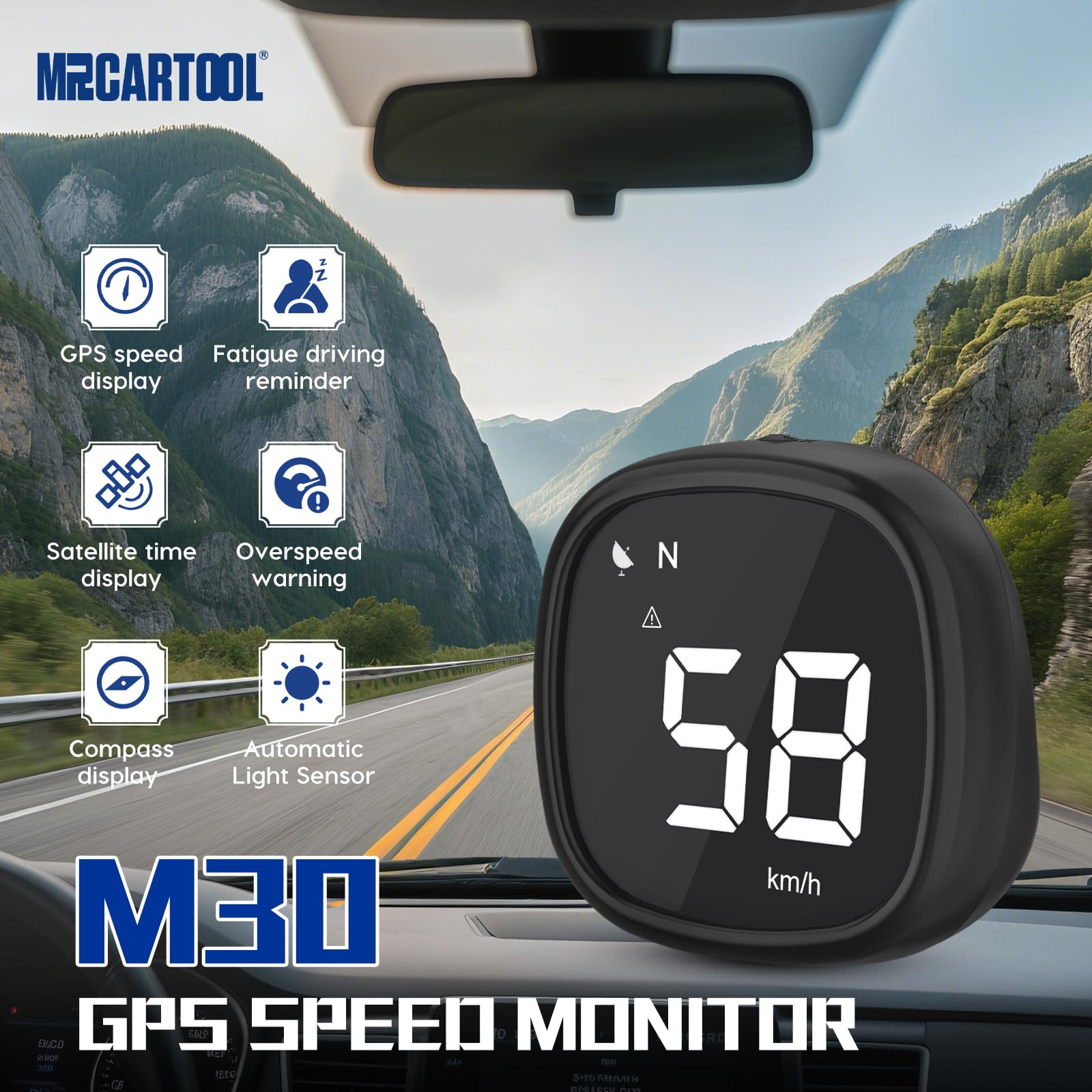 MRCARTOOL M30 Auto HUD GPS Tachimetro Digital Head-up Display KMH/MPH Universal Car HUD con Schermo LCD da 2.5", Avviso di Fatica, Avviso di Velocità, Bussola, per Tutti i Veicoli e Moto, DC 5V-24V