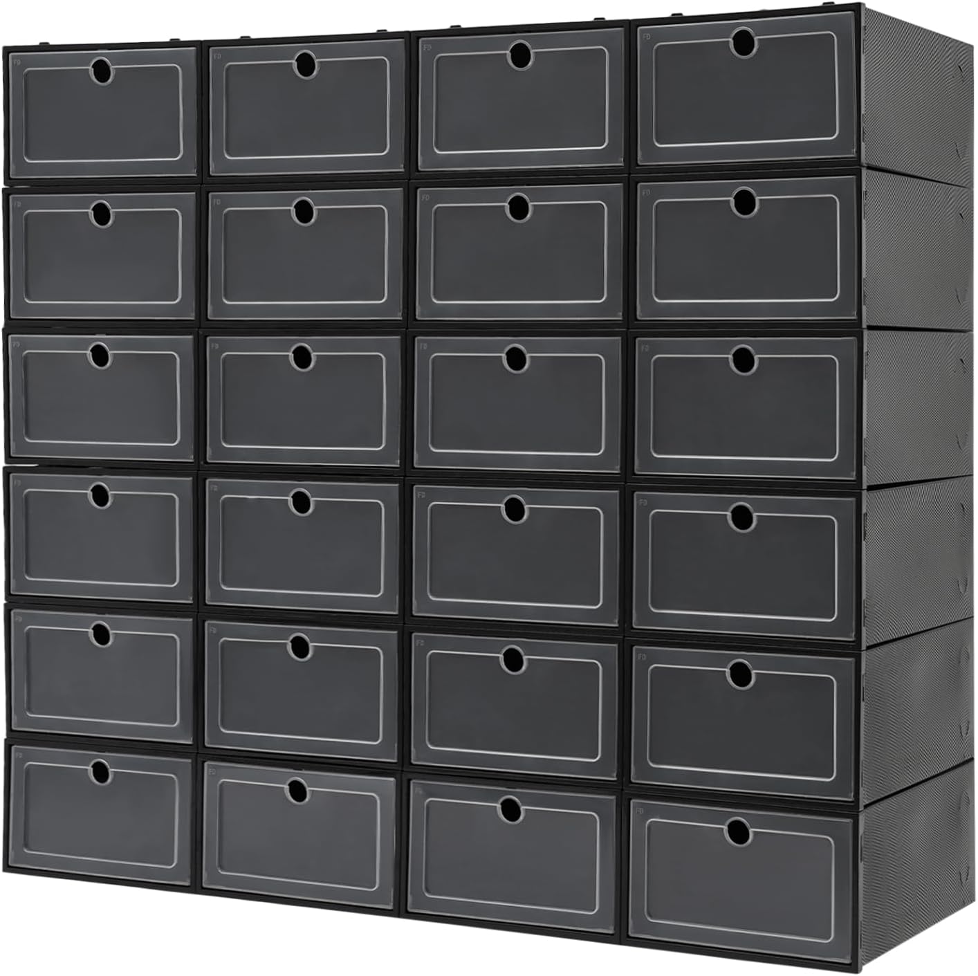 24 Pack Shoe Storage Boxes, Plastic Stackable Foldable Shoe Boxes with Clear Front Opening Door for Sneakers Flats Slippers Sandals Casual Shoes, Space Saving, 12.99*9.06*5.51in (Black)