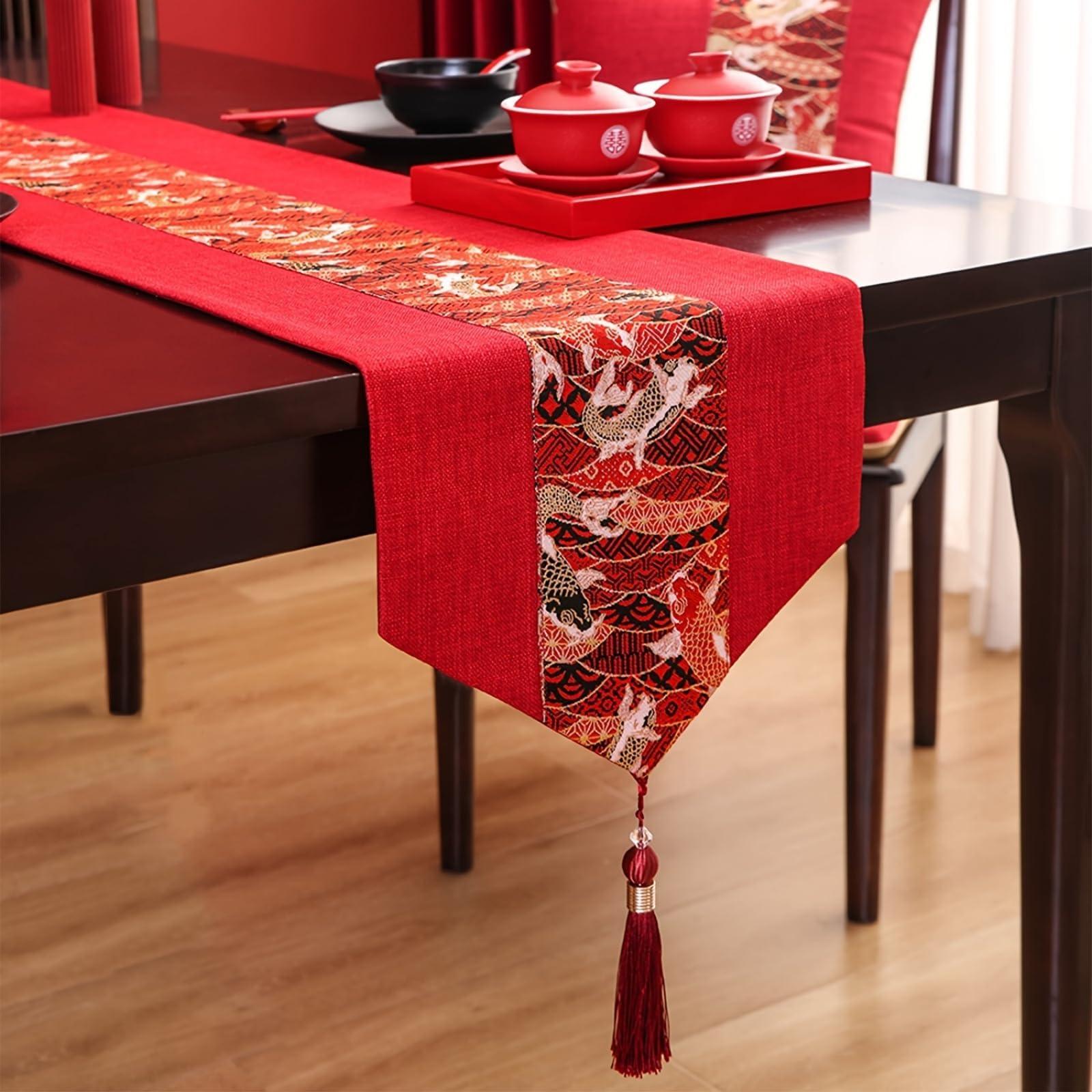 Chinese Dragon Printed Table Runner China New Year Decorations Red Table Cover for Spring Festival Kitchen Dining Tables Decoration Asian Party Decoration-12.6 x 70.86 in