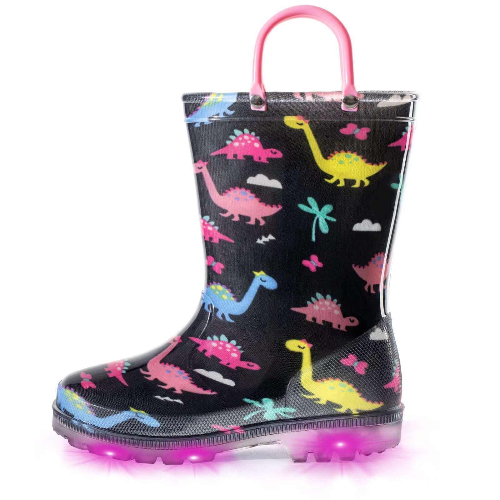 EUXTERPA Toddler Kids Waterproof Light Up Rain Boots Patterns and Glitter Boots with Handles for Boys Girls