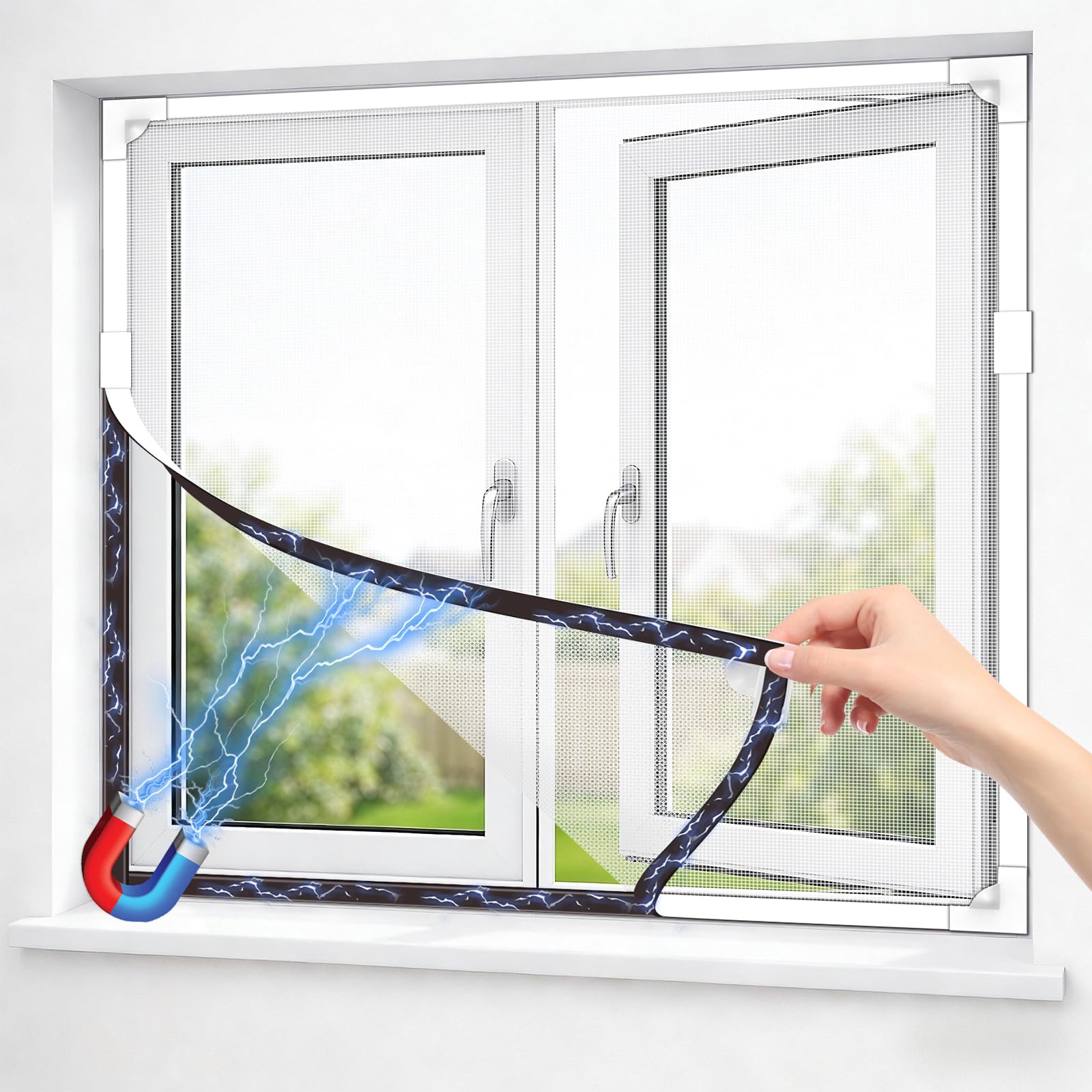 OWYR Magnetic Fly Screens for Windows Fit Max 151x180cm, Adjustable DIY Fiberglass Window Netting for Insects, Full Frame Magnetic Strip Easy Installation (White Frame White Net)