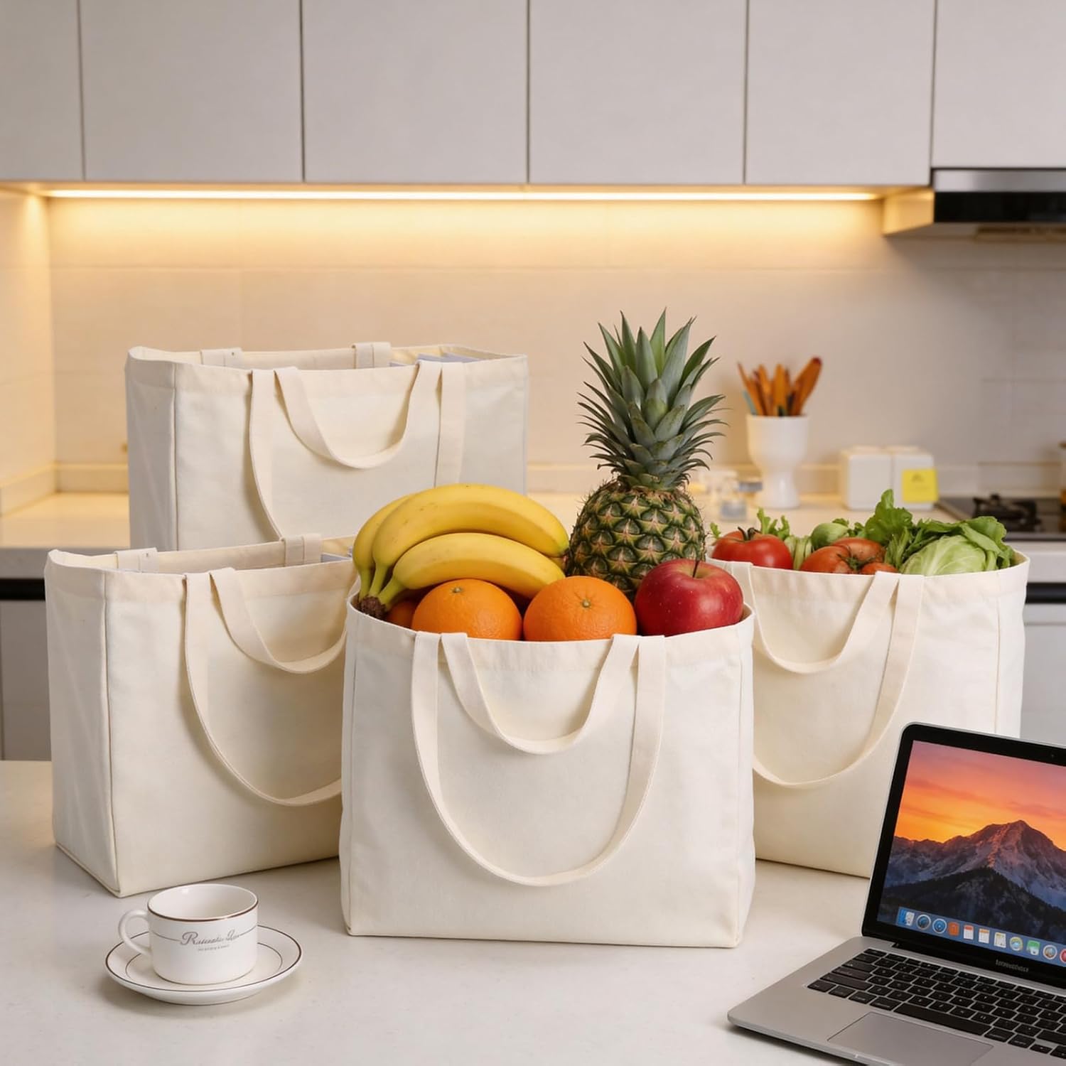 4 Pcs Canvas Grocery Tote Bag Large Capacity Shopping Tote Bags | Reusable Canvas Tote, Real Pockets, Heavy Duty, Washable Fabric, Long Shoulder Strap, Short Handle for Shopping Daily
