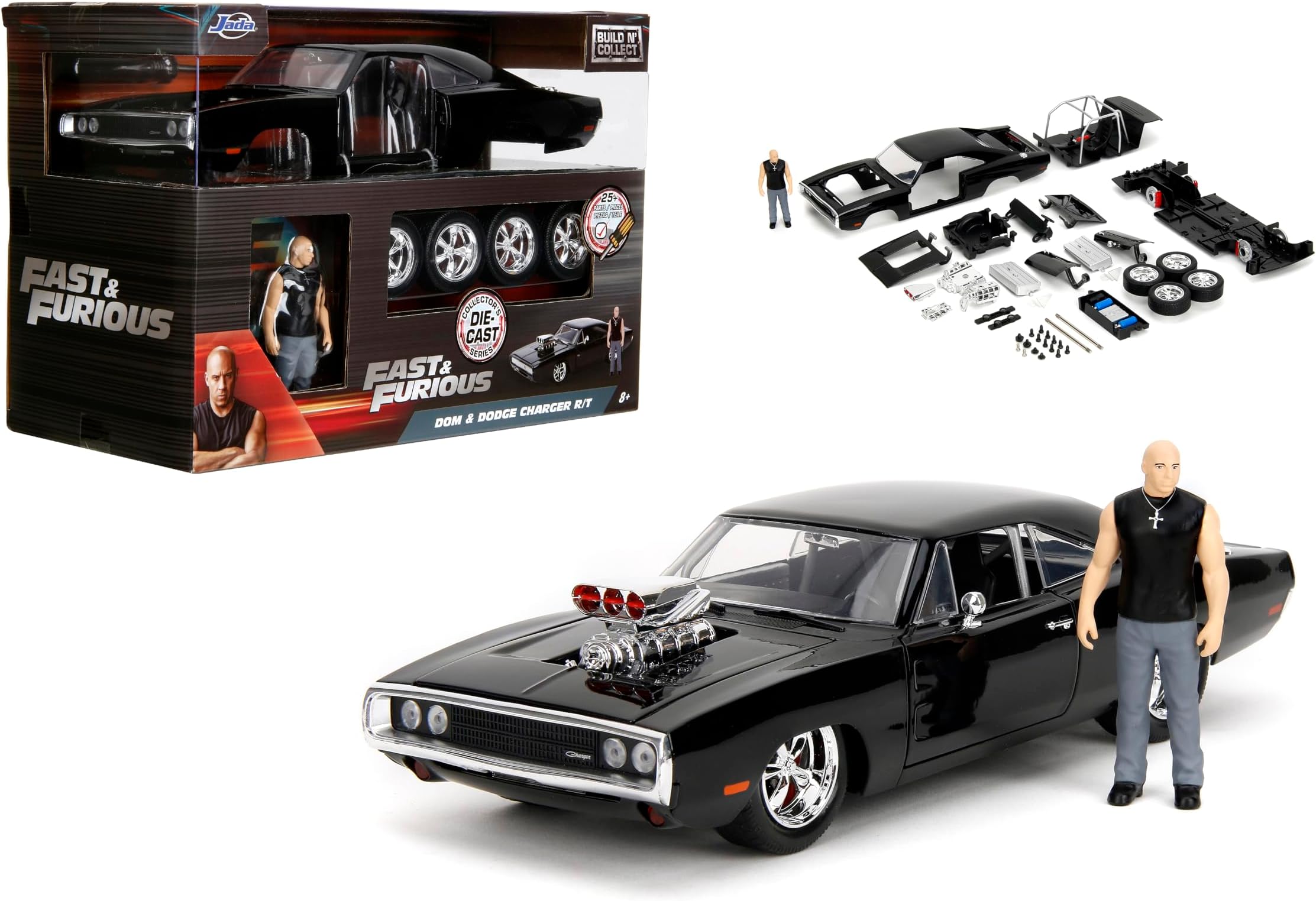 Toys Fast & Furious Dom & Dodge Charger R/T, 1:24 Scale Build n' Collect Die-Cast Model Kit with 2.75" Die-Cast Figure, Black