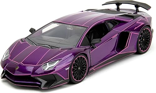 Pink Slips 124 Lamborghini Aventador SV - Coche fundido a presión, juguetes para niños y adultos (líneas moradas y rosas)