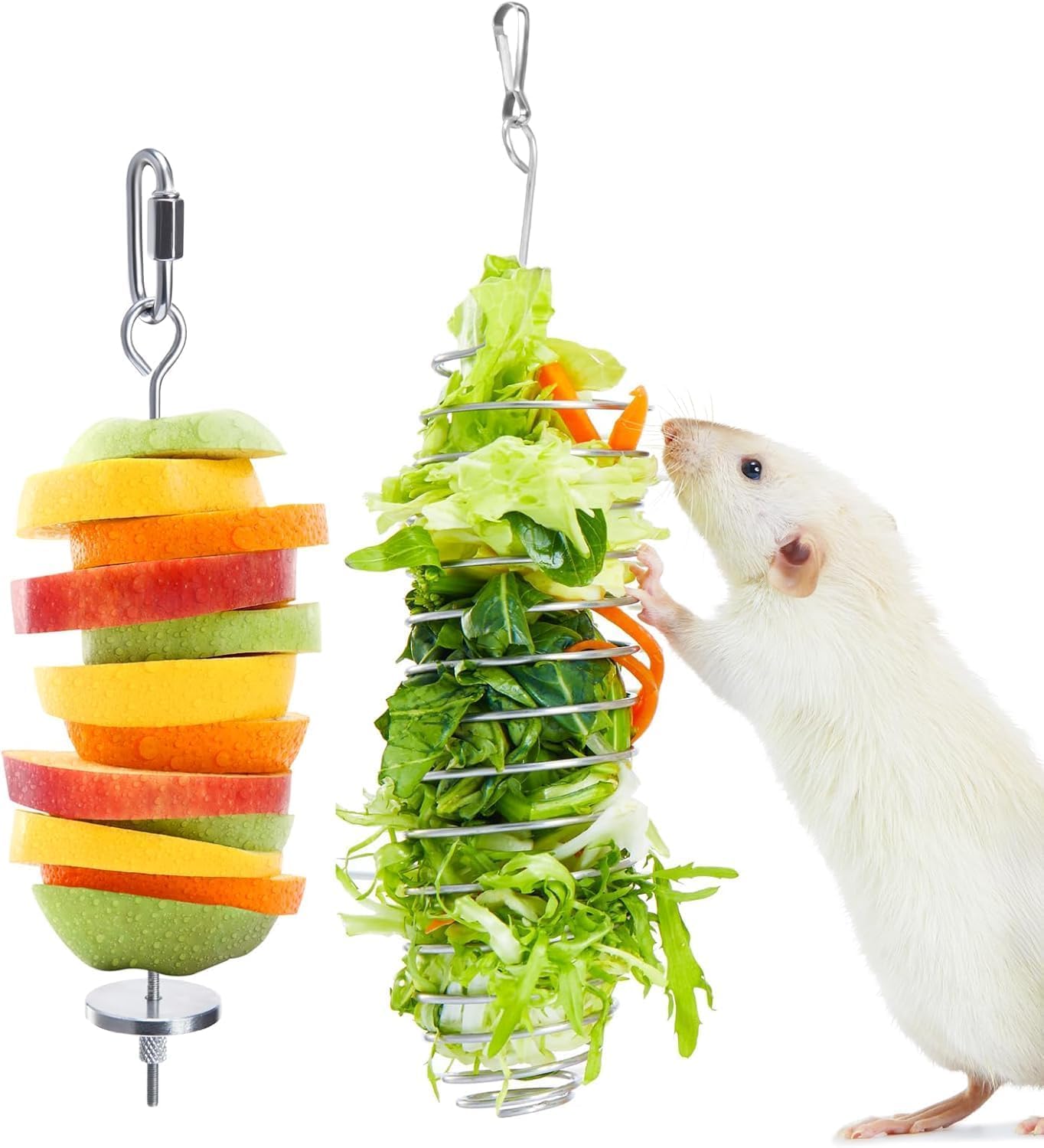 2 pcs Ratten Anreicherung Spielzeug, 304 Edelstahl Ratten Futterspielzeug für Obst Gemüse Halter,Zierratte Käfig Zubehör Puzzle Spielzeug, hängende Nagetier Spielzeug langsame Fütterung, Vogel Futter