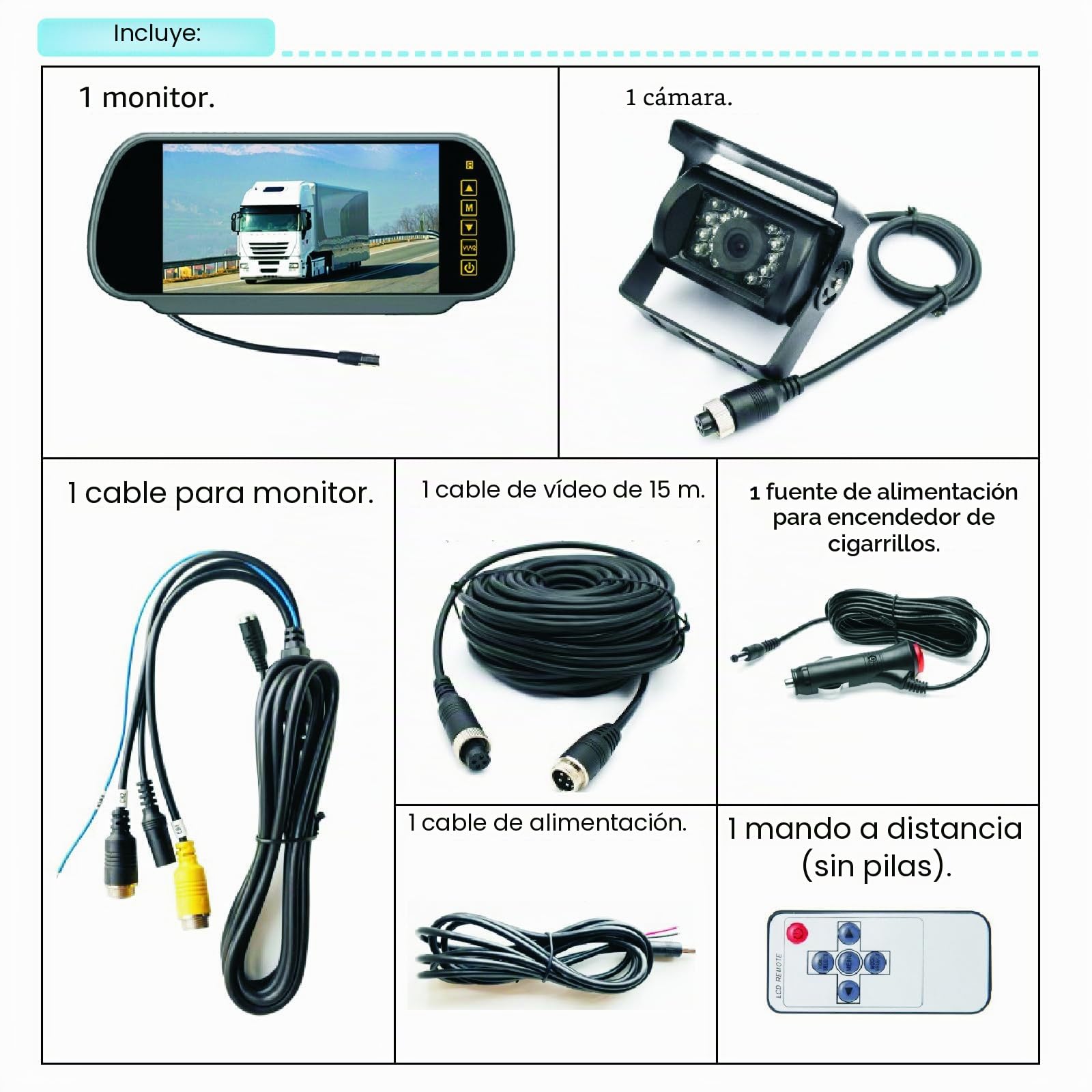 Monitor de espejo retrovisor de 4 pines de 7 pulgadas + 18 LED de visión nocturna, cámara de marcha atrás impermeable con cable de 15 m para camión de 12 V-24 V, caravana, remolque, autocaravana