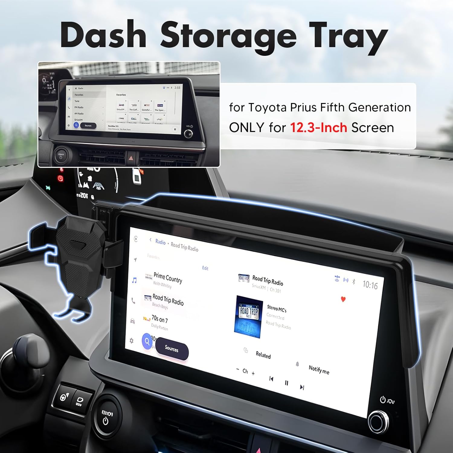 FIILINES Phone Holder for Toyota Prius 2023-2025 (Fit 12.3" Touch Screen), Phone Mount with Dash Organizer for Prius Accessories, 360 Degree Rotation Dash Mount Cell-Phone Holder