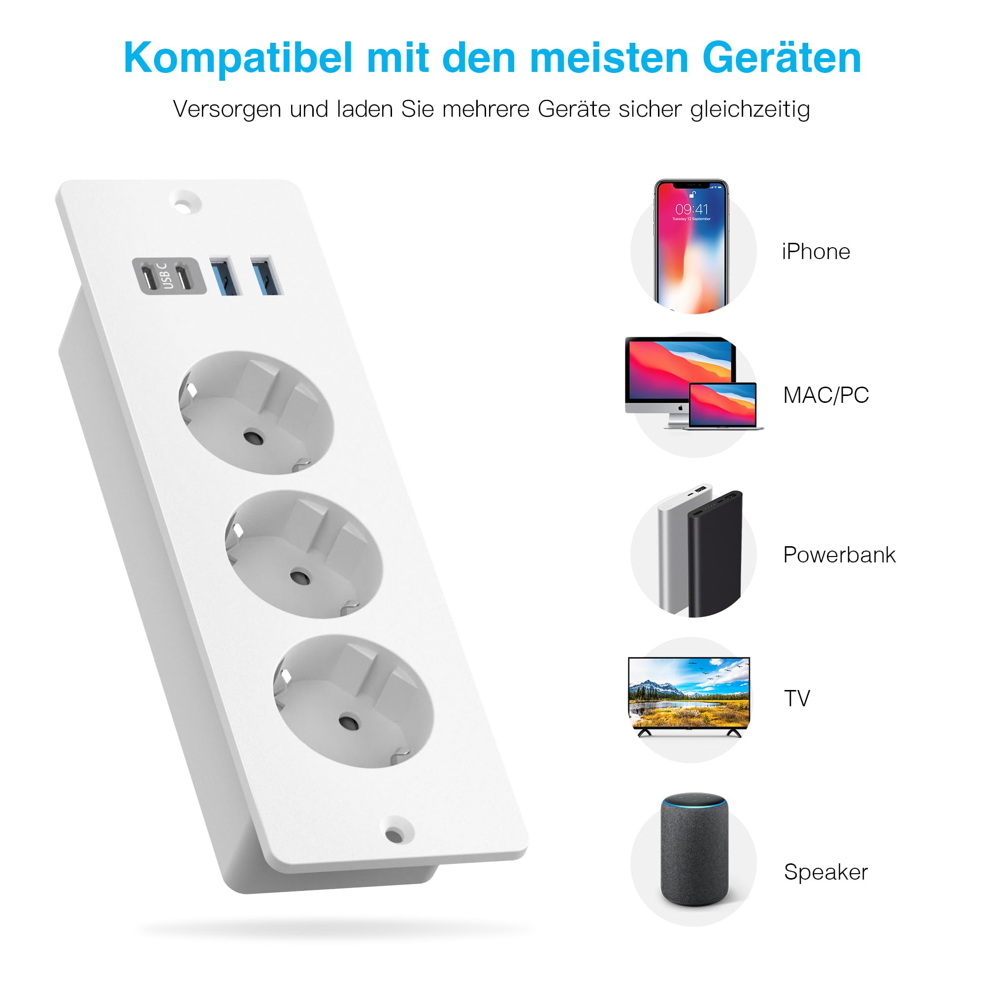 Blat wpuszczane gniazdko z 2 portami USB i 2 typami C, listwa zasilająca z 3 gniazdami do zabudowy, z kablem o długości 2 m, do mebli lub powierzchni roboczych (biała) | Listwa zasilająca z kablem 2 m, gniazdko stołowe, listwa zasilająca do mebli lub blat