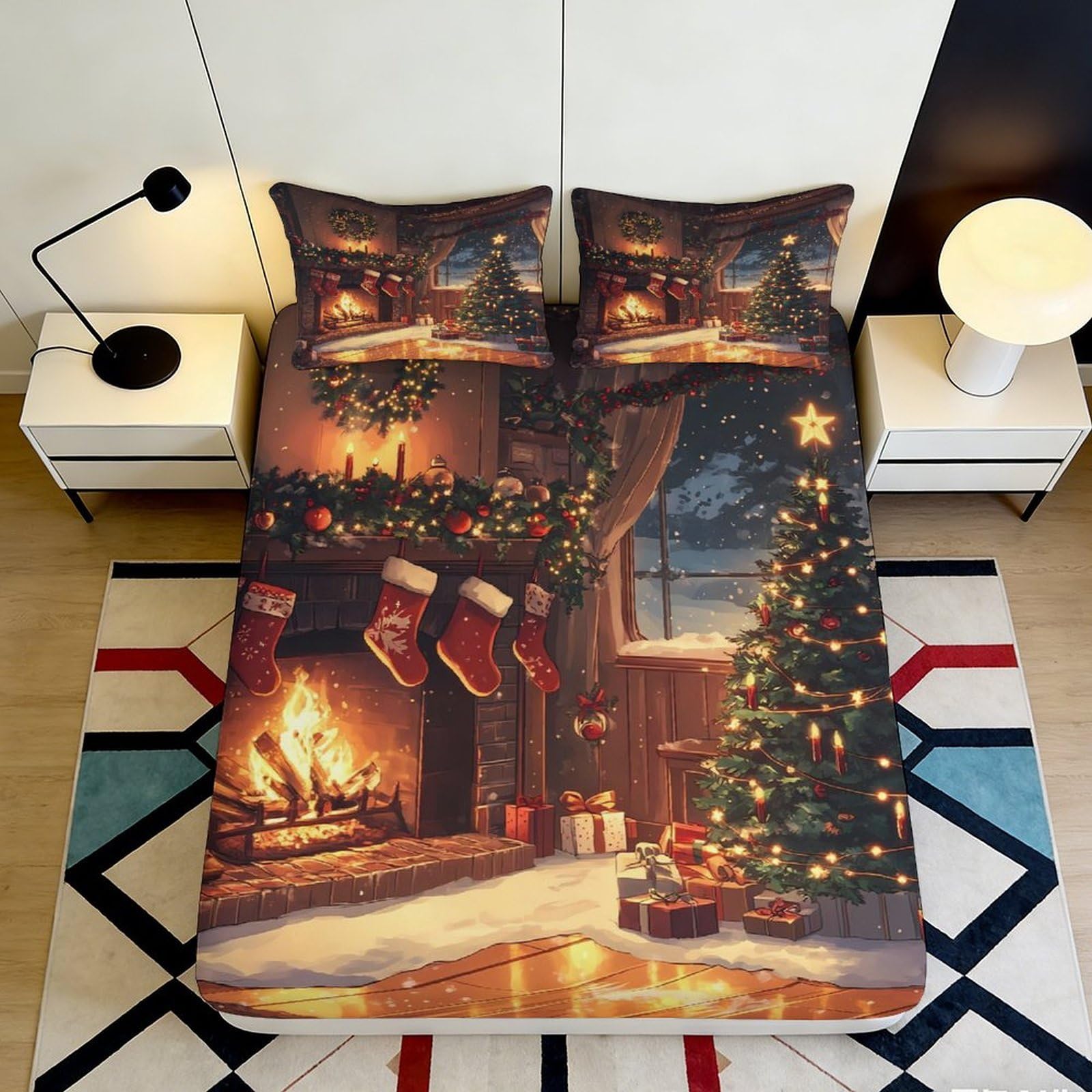 3D Printed Christmas Fireplace Fitted Sheet Microfiber Soft Breathable Winter Holiday Bed Cover for Bedroom Dormitory Guest Room Mattress Protection 200x200x25cm