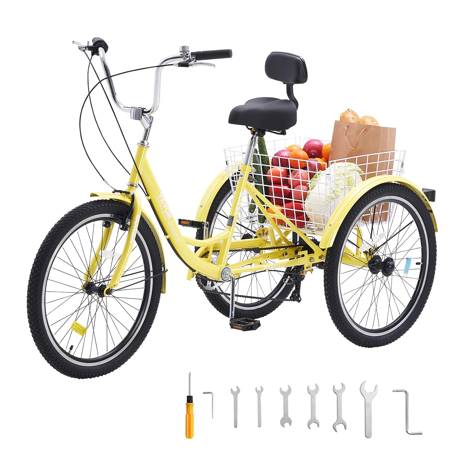 VEVOR Adult Tricycles Bike, 7 Speed Adult Trikes, 24 Inch Three-Wheeled Bicycles, Carbon Steel Cruiser Bike with Basket and Adjustable Seat, Picnic Shopping Tricycles for Seniors, Women, Men (Yellow)