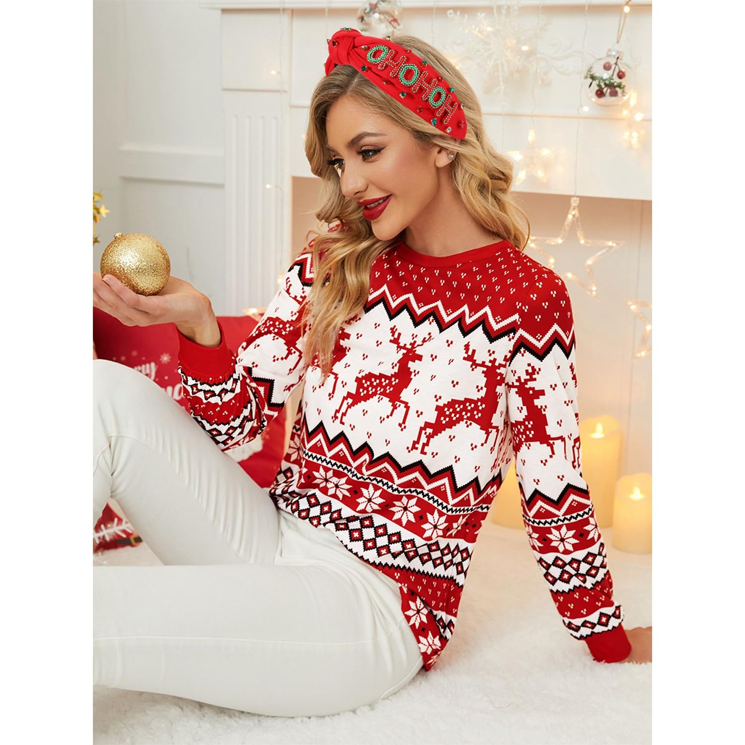 Christmas Headband for Women Holiday Christmas Accessories Beaded Xmas Bow Tree Snowflake HOHOHO Knotted Headbands Red Green Crystal Pearl Top Knot Headband Festive Holiday Gifts (HOHOHO) - Image 2