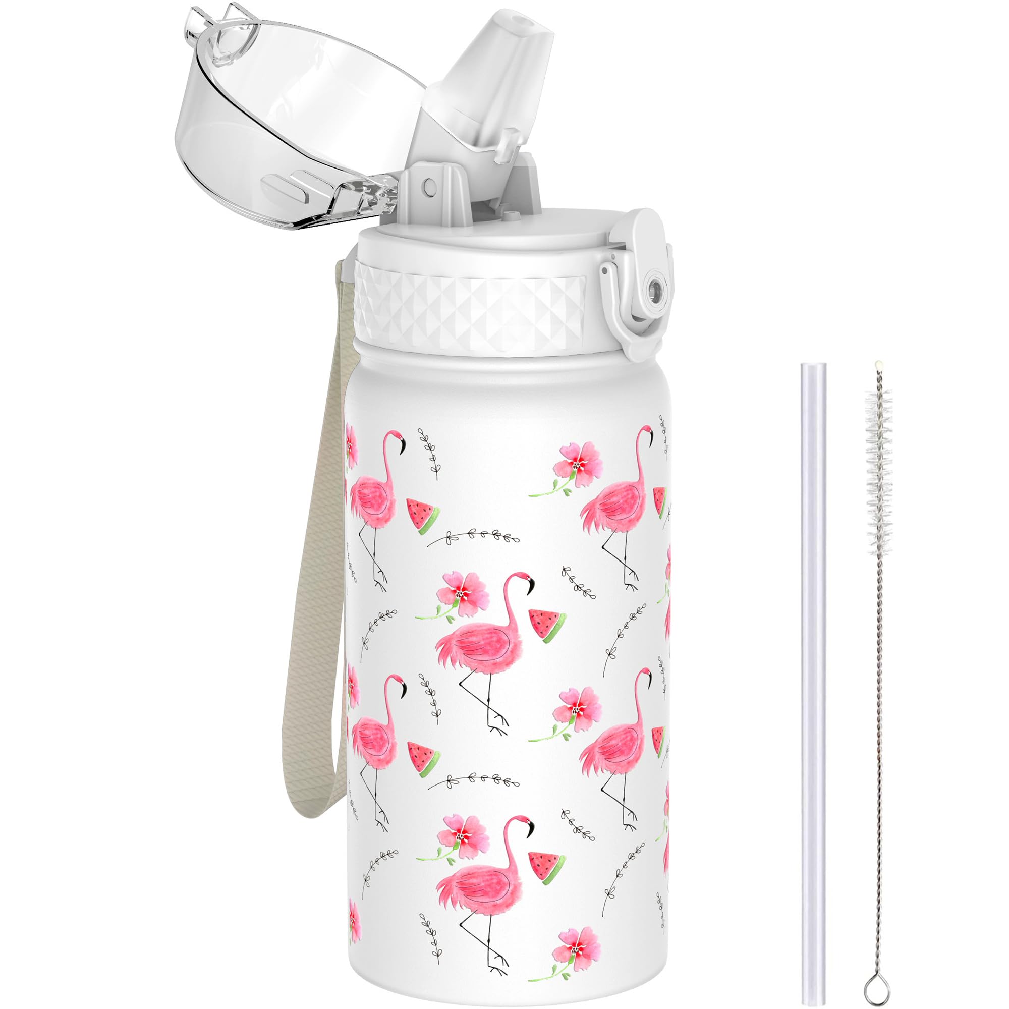 GOPPUS 420ml/14oz Kids Insulated Water Bottle with Straw Cute Double Wall Stainless Steel Child's Small Flask Vacuum Insulated Steel Metal Leak Proof Drink Flask Boys Toddler Girls Bottles BPA-Free