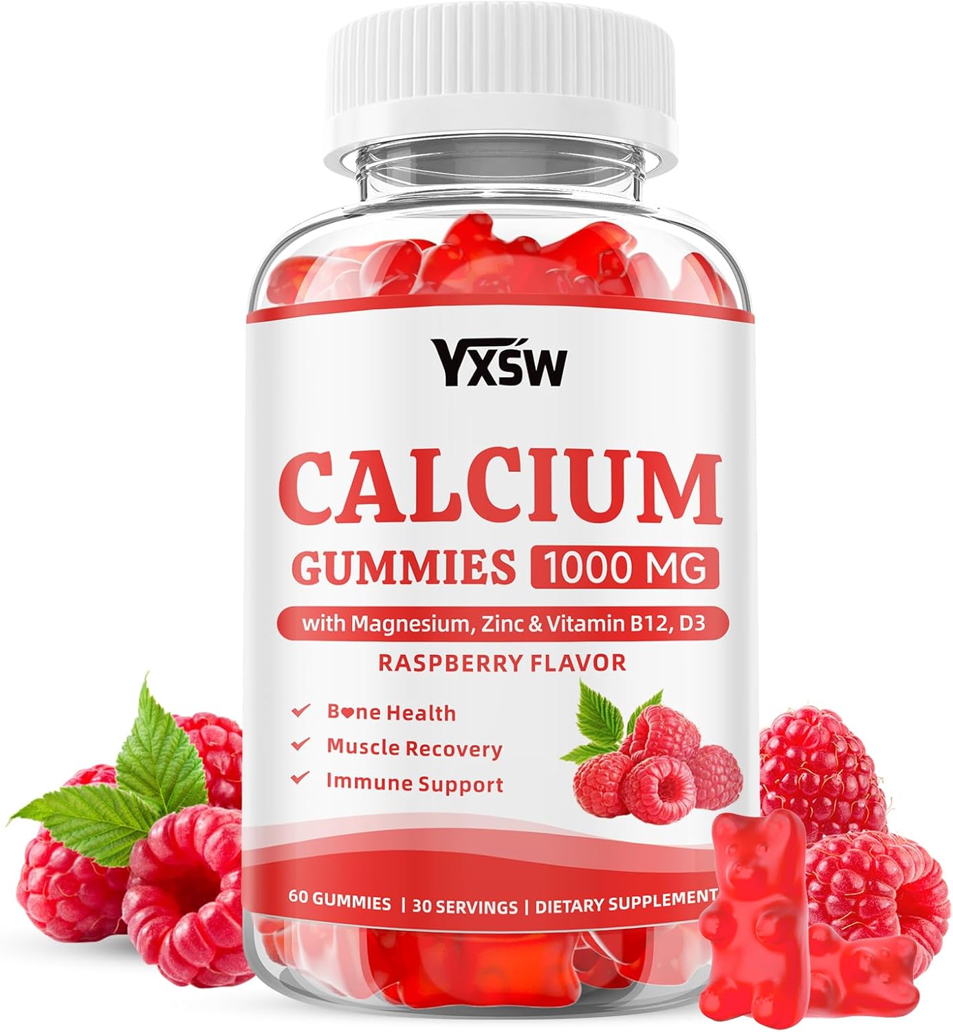 Calcium Gummies 1000mg with Vitamin D3 K2 & B12 Complex, High Absorption Potassium, Calcium Magnesium Zinc Supplement for Bone, Muscle, Mood and Immunity Support, Raspberry Flavor, 120 Count