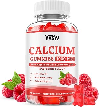 Calcium Gummies 1000mg with Vitamin D3 K2 & B12 Complex, High Absorption Potassium, Calcium Magnesium Zinc Supplement for Bone, Muscle, Mood and Immunity Support, Raspberry Flavor, 60 Count