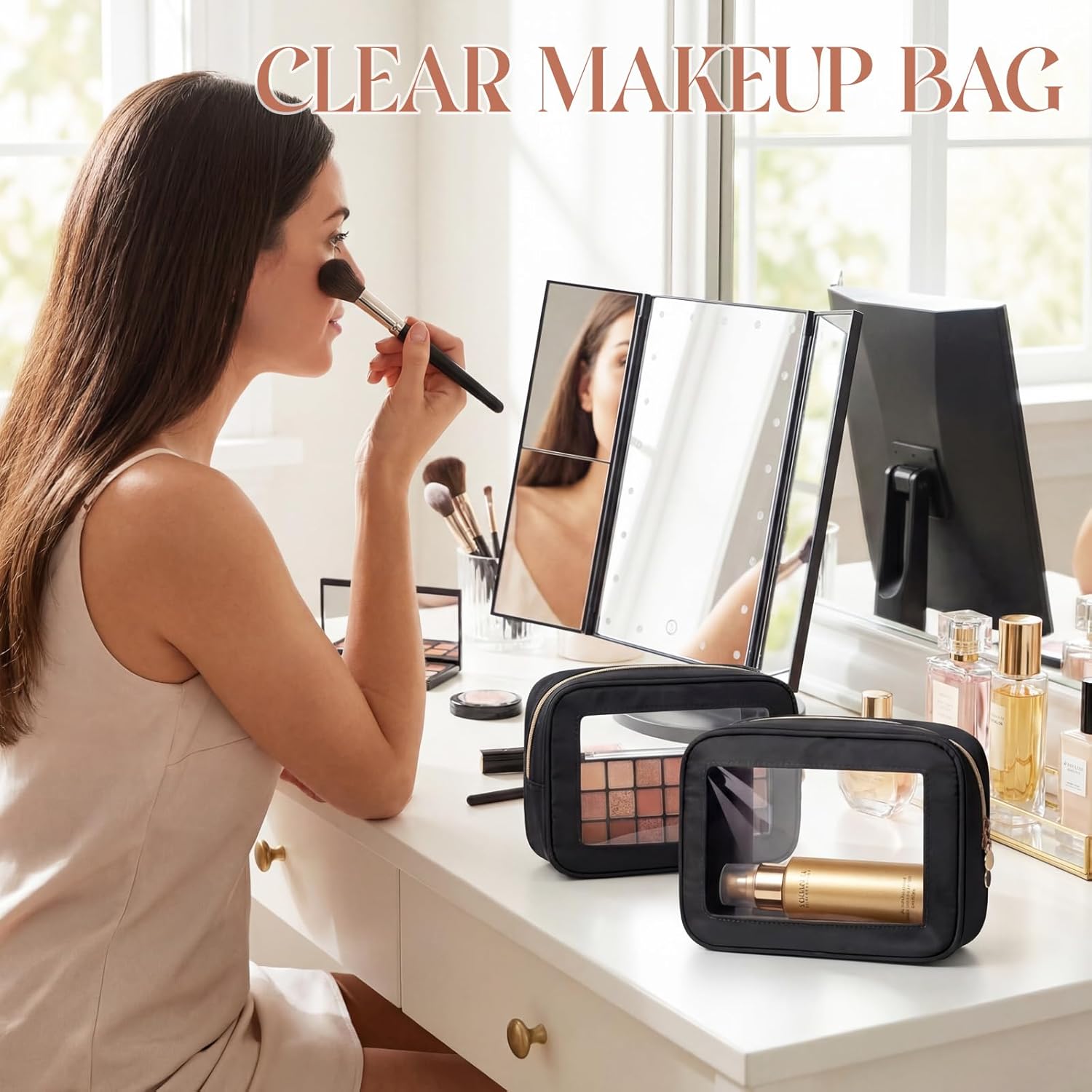 Abbylike 6 Pcs Clear Makeup Bags Mother's Day Travel Nylon Clear Nude Black Toiletry Bag Bulk Car Organizer Case Waterproof Toiletry Pouch with Golden Zipper for Teacher Mother Women Wedding Gift