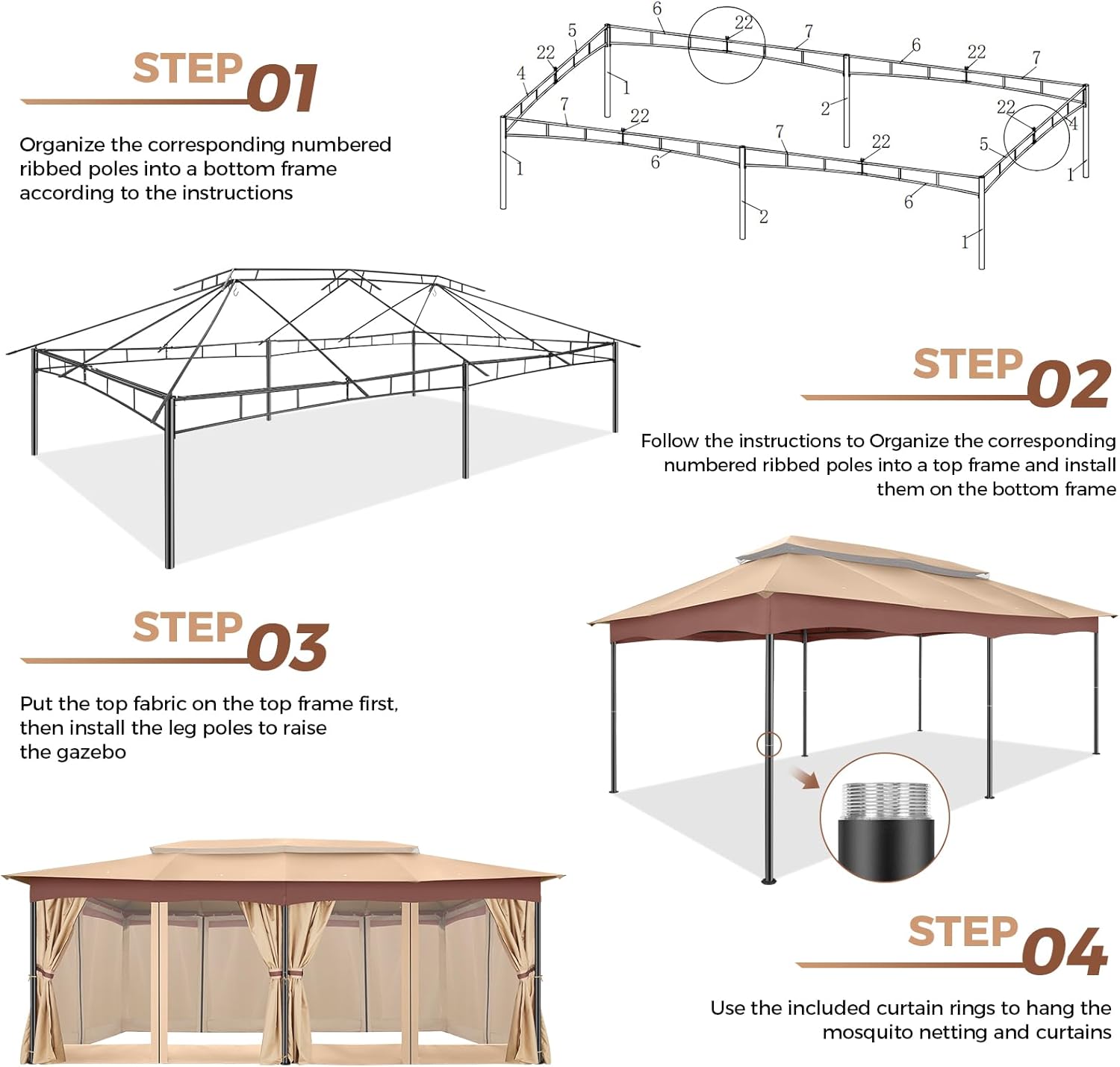 COBIZI Gazebo 12x20 Heavy Duty Gazebos with Curtain and Netting Outdoor Gazebo Canopy Double Roof Patio Gazebos with Metal Steel Frame for Patio, Deck, Backyard-Khaki