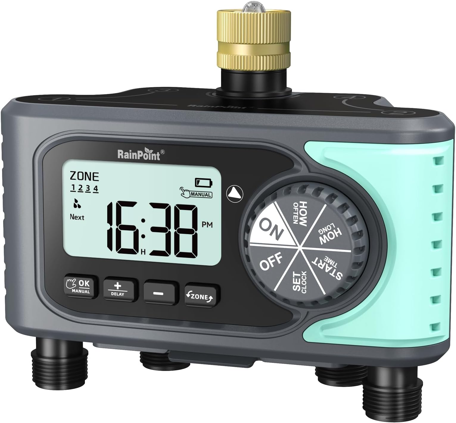 RAINPOINT Sprinkler Timer, 4 Outlets Hose Timer with Brass Inlet, Water Timer with Rain Delay/Manual/Automatic Timed Controller System, Programmable Digital Irrigation Timer for Lawn Yard, 4 Zone