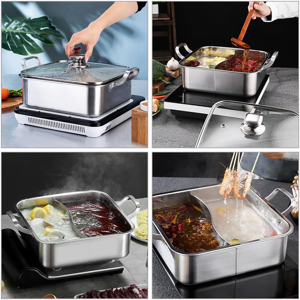Divided Stainless Steel Hot Pot with Lid Double Handle